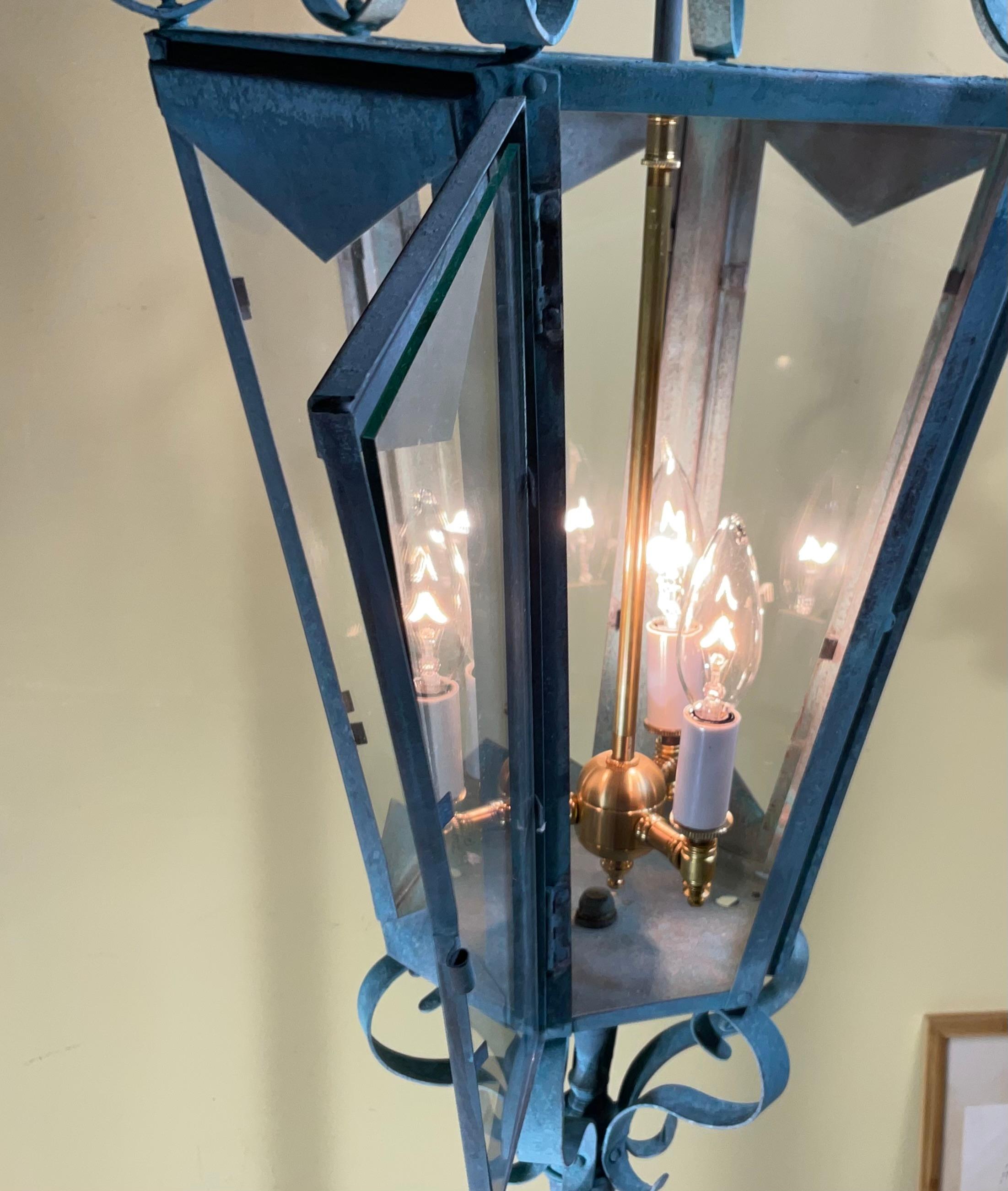 Large One Of A Kind Solid Copper & Brass Verdigris Patina Lantern -Meisner Style In Good Condition For Sale In Delray Beach, FL