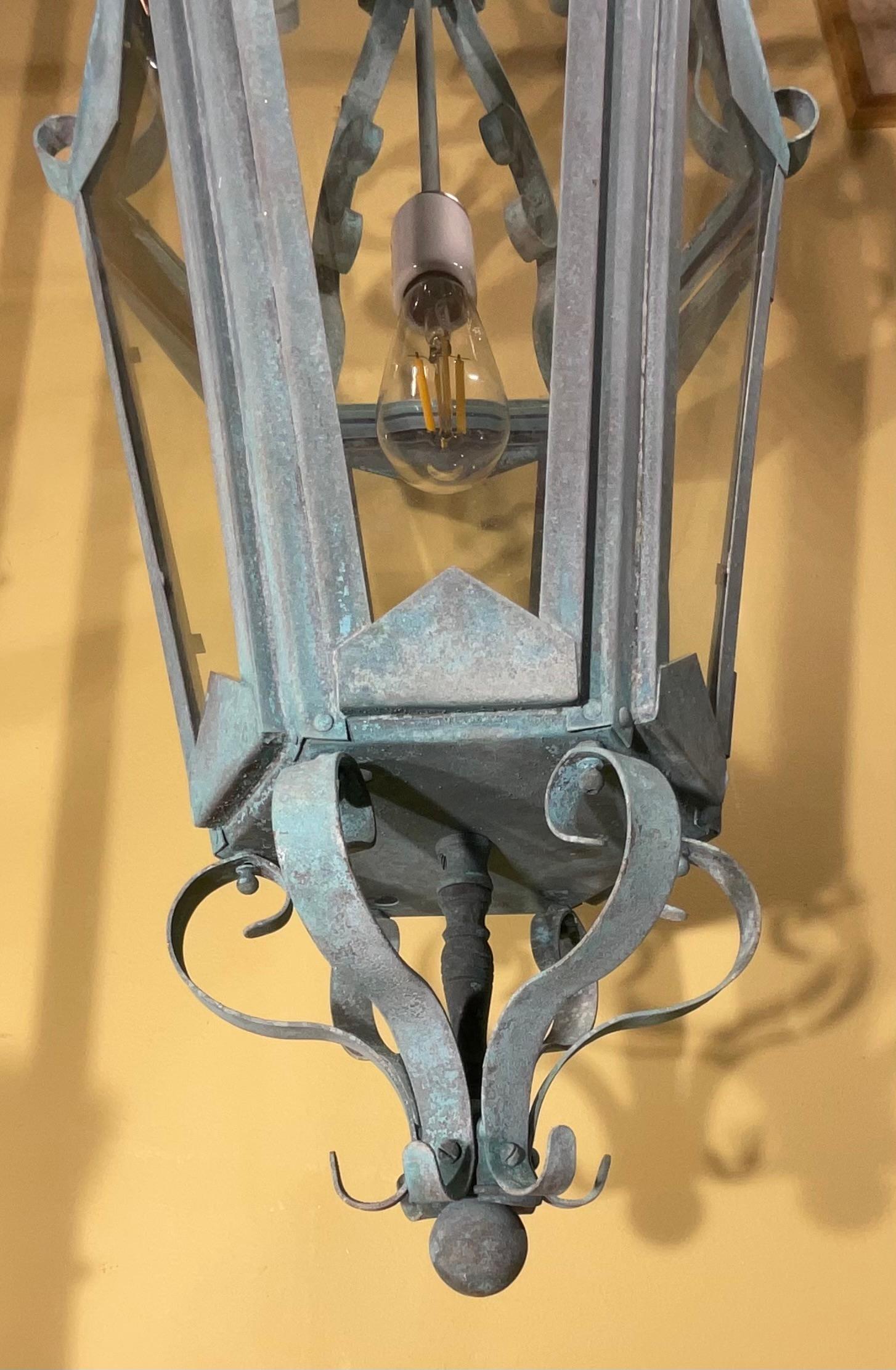 20th Century Large One Of A Kind Solid Copper & Brass Verdigris Patina Lantern -Meisner Style For Sale