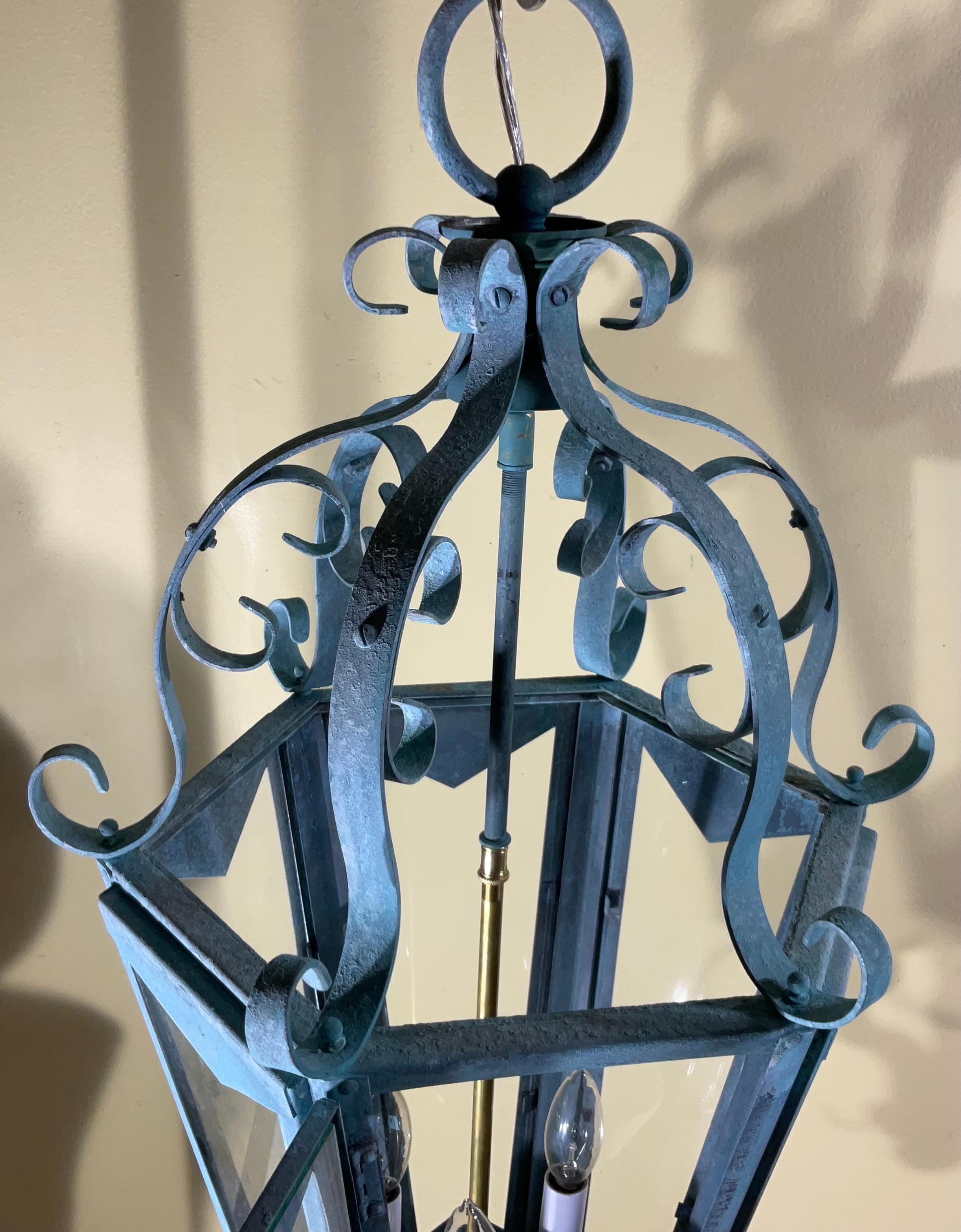 20th Century Large One Of A Kind Solid Copper & Brass Verdigris Patina Lantern -Meisner Style For Sale