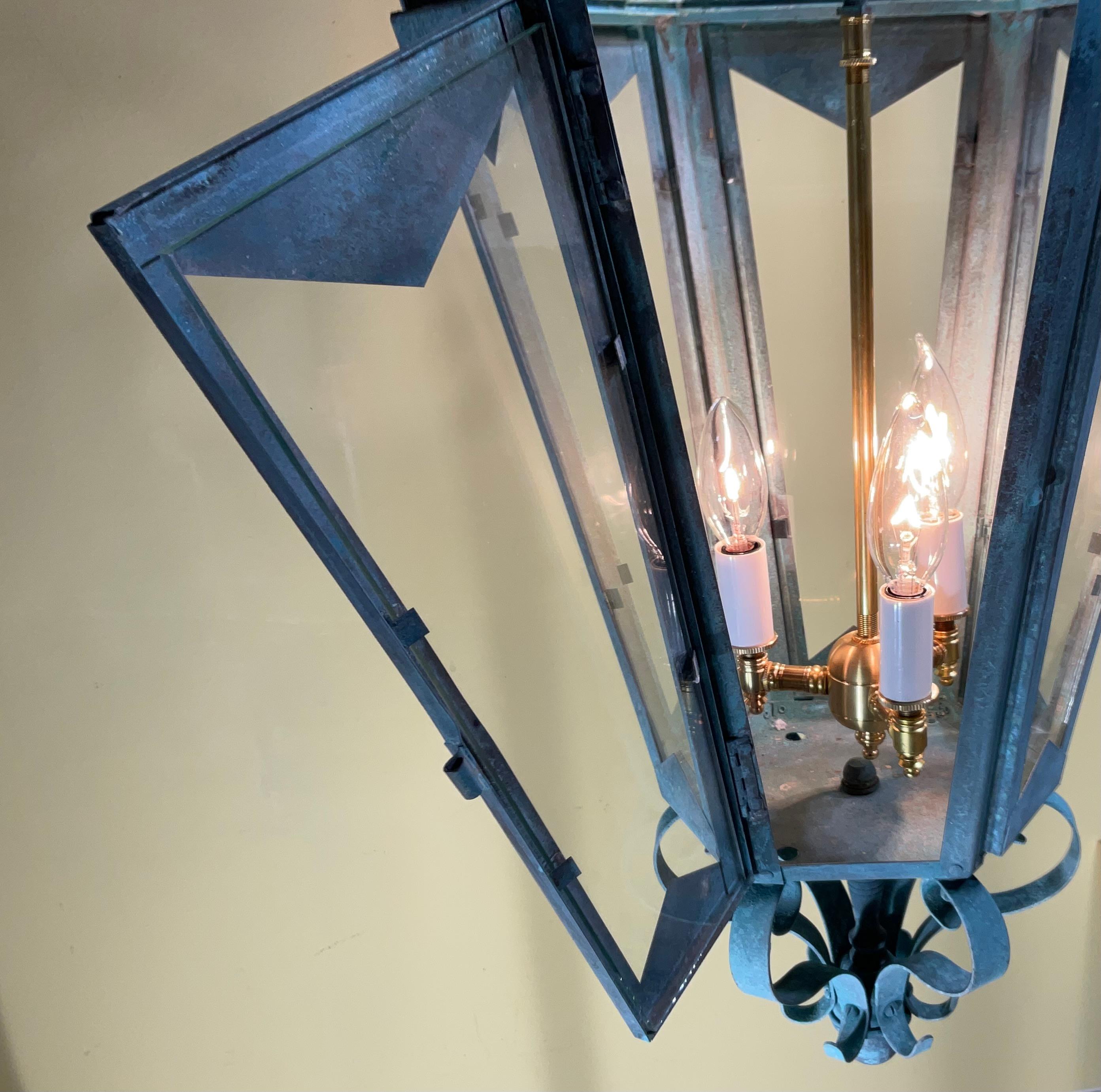 20th Century Large One Of A Kind Solid Copper & Brass Verdigris Patina Lantern -Meisner Style For Sale