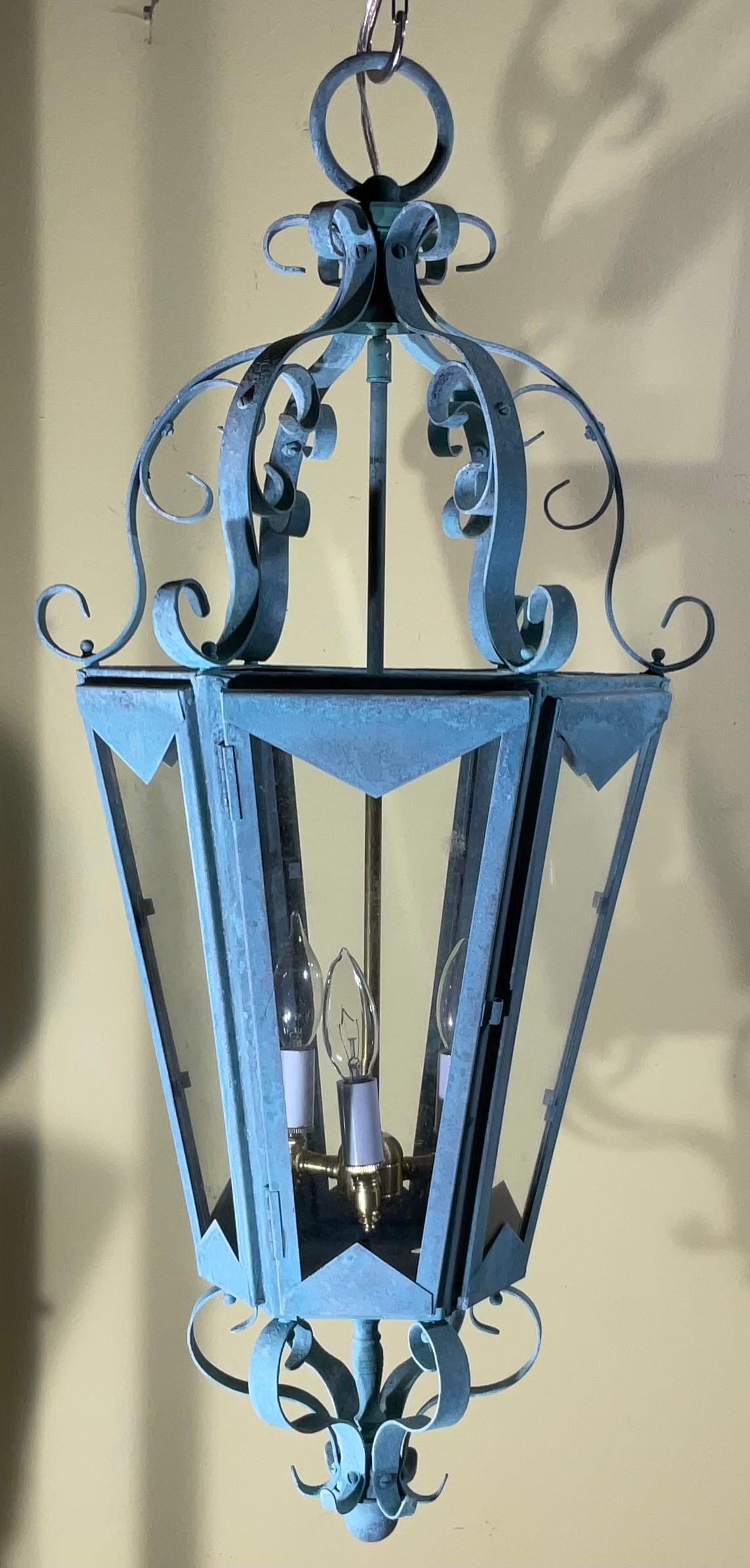 Large One Of A Kind Solid Copper & Brass Verdigris Patina Lantern -Meisner Style For Sale 1