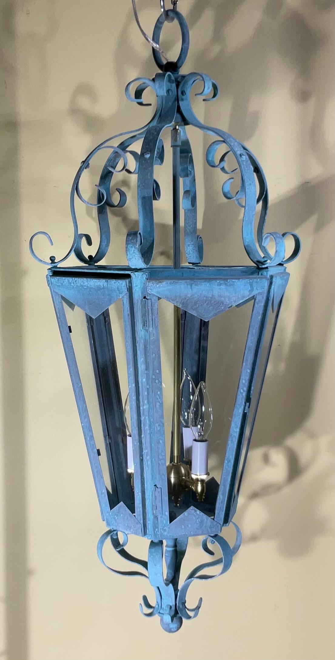 Large One Of A Kind Solid Copper & Brass Verdigris Patina Lantern -Meisner Style For Sale 1
