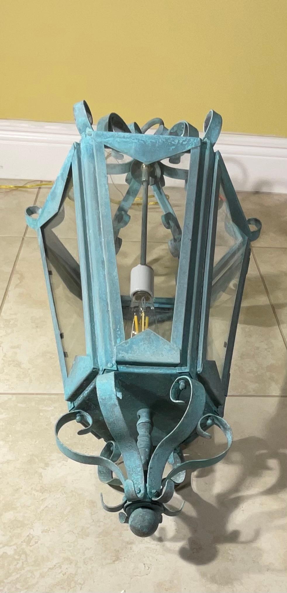 Large One Of A Kind Solid Copper & Brass Verdigris Patina Lantern -Meisner Style For Sale 2