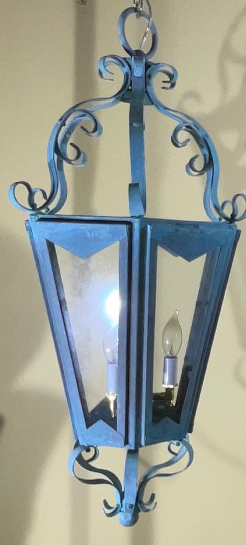 Large One Of A Kind Solid Copper & Brass Verdigris Patina Lantern -Meisner Style For Sale 2
