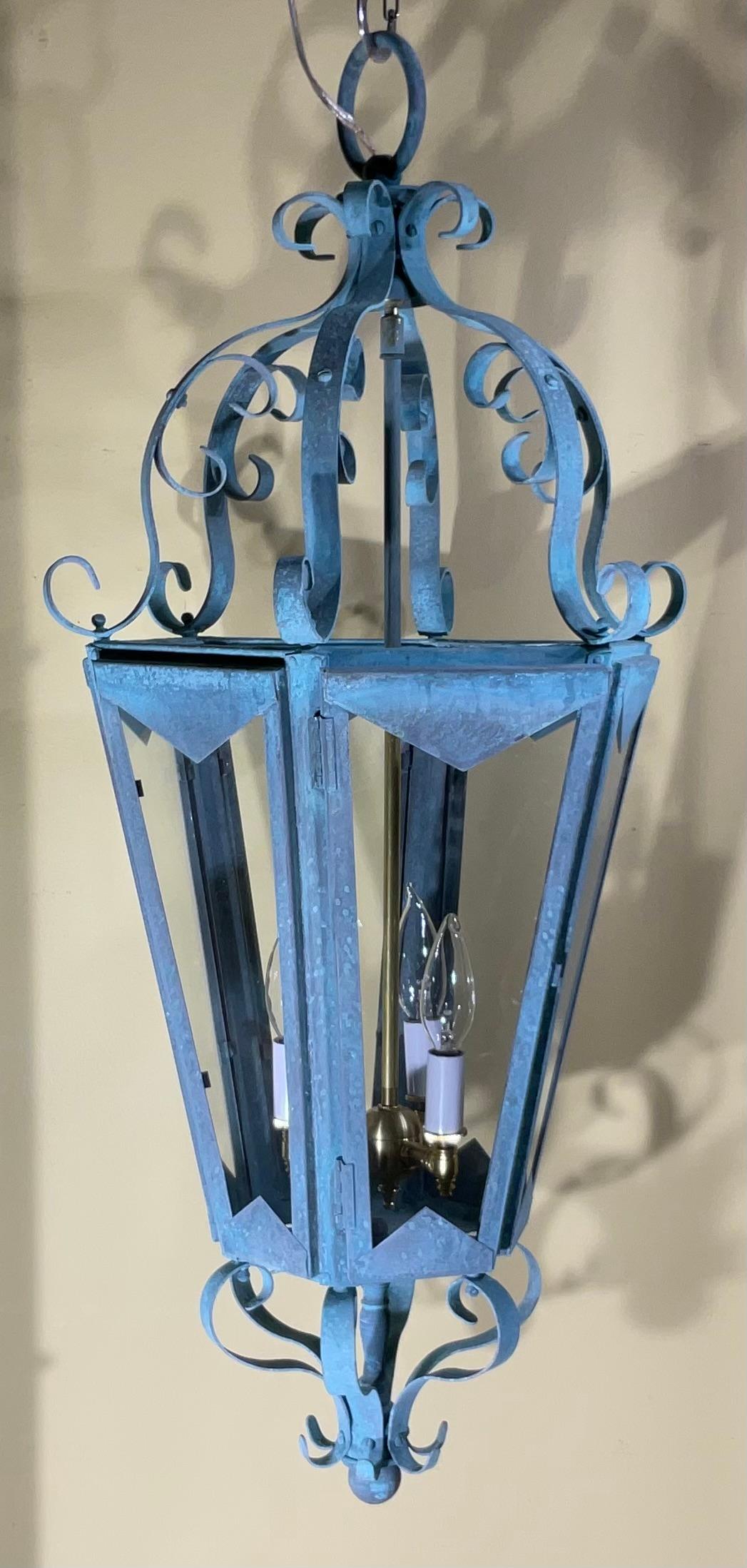 Large One Of A Kind Solid Copper & Brass Verdigris Patina Lantern -Meisner Style For Sale 2