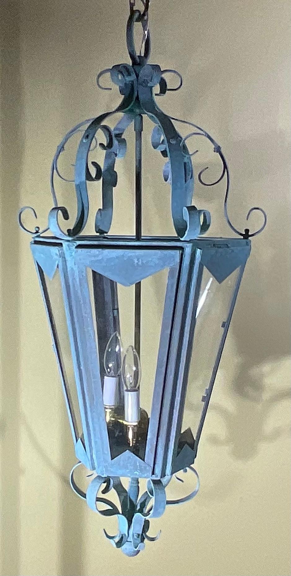 Large One Of A Kind Solid Copper & Brass Verdigris Patina Lantern -Meisner Style For Sale 3