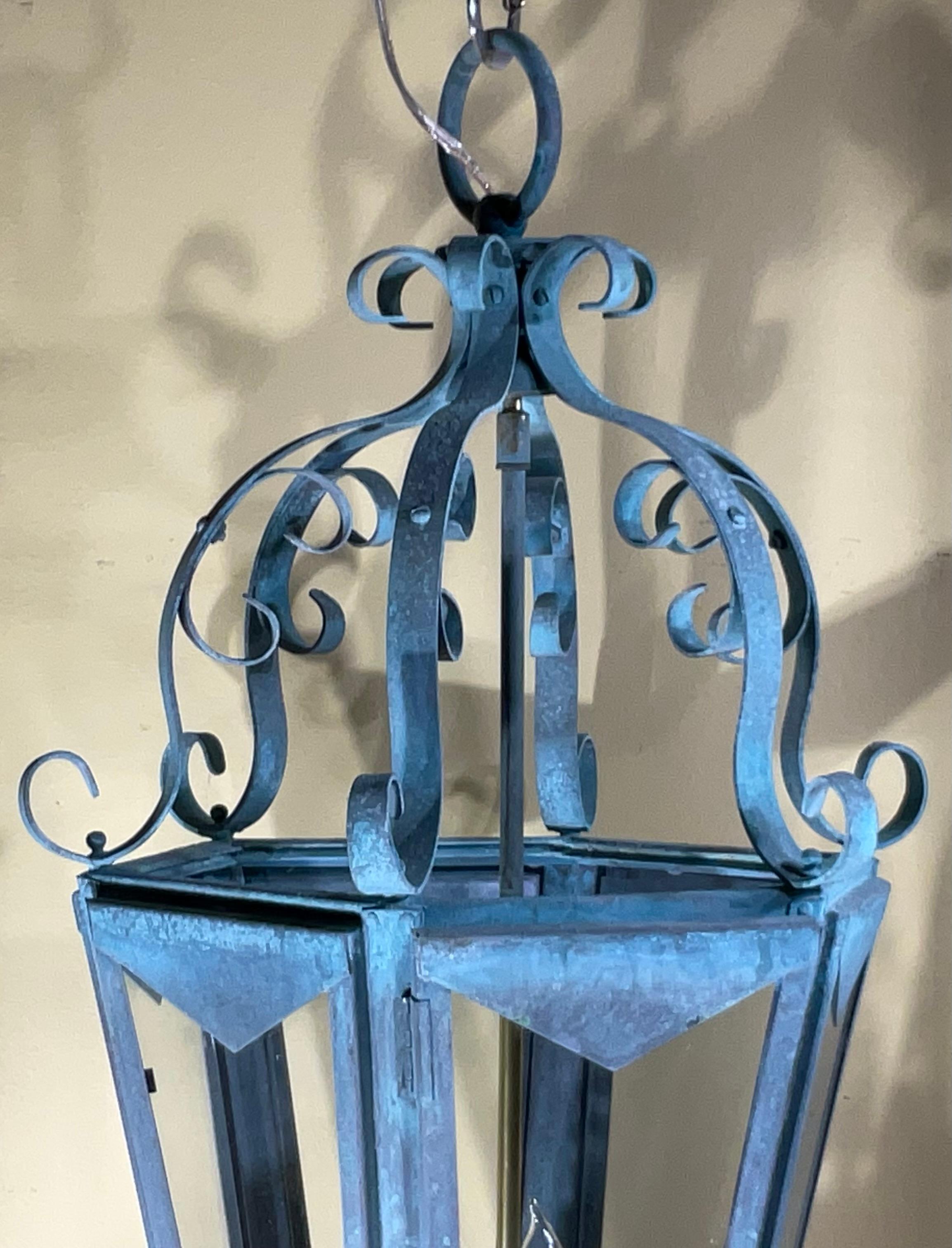 Large One Of A Kind Solid Copper & Brass Verdigris Patina Lantern -Meisner Style For Sale 3