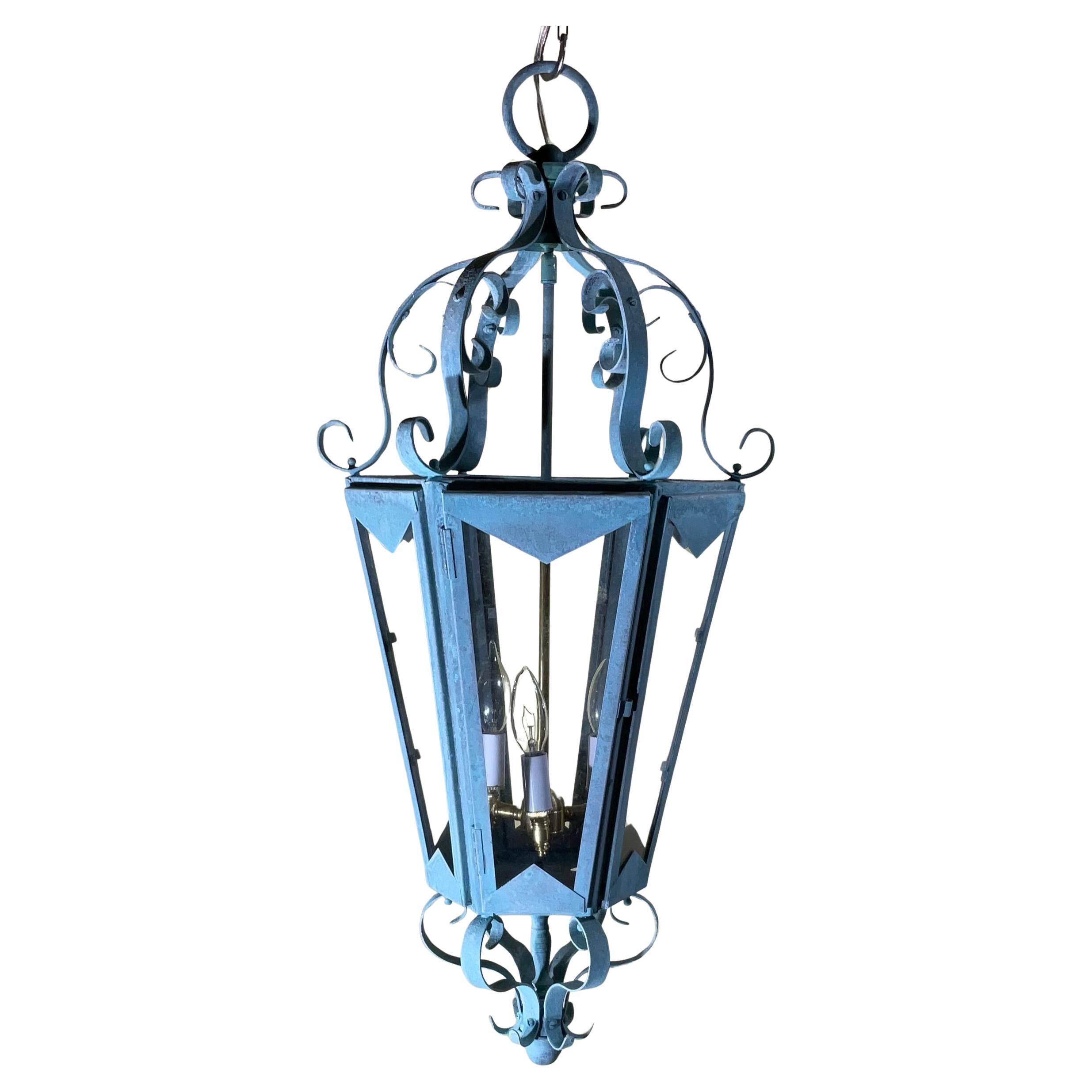 Large One Of A Kind Solid Copper & Brass Verdigris Patina Lantern -Meisner Style