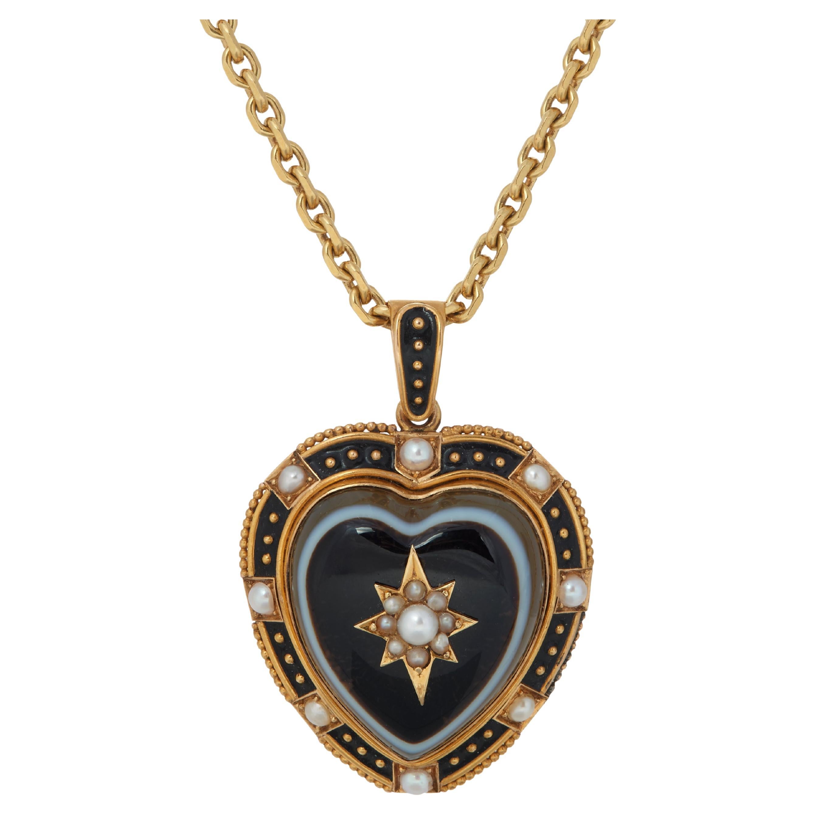 Large Onyx, Black Enamel, Pearl, and 18K Gold Victorian Heart Pendant, c. 1870