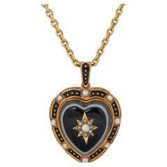 Large Onyx, Black Enamel, Pearl, and 18K Gold Victorian Heart Pendant, c. 1870