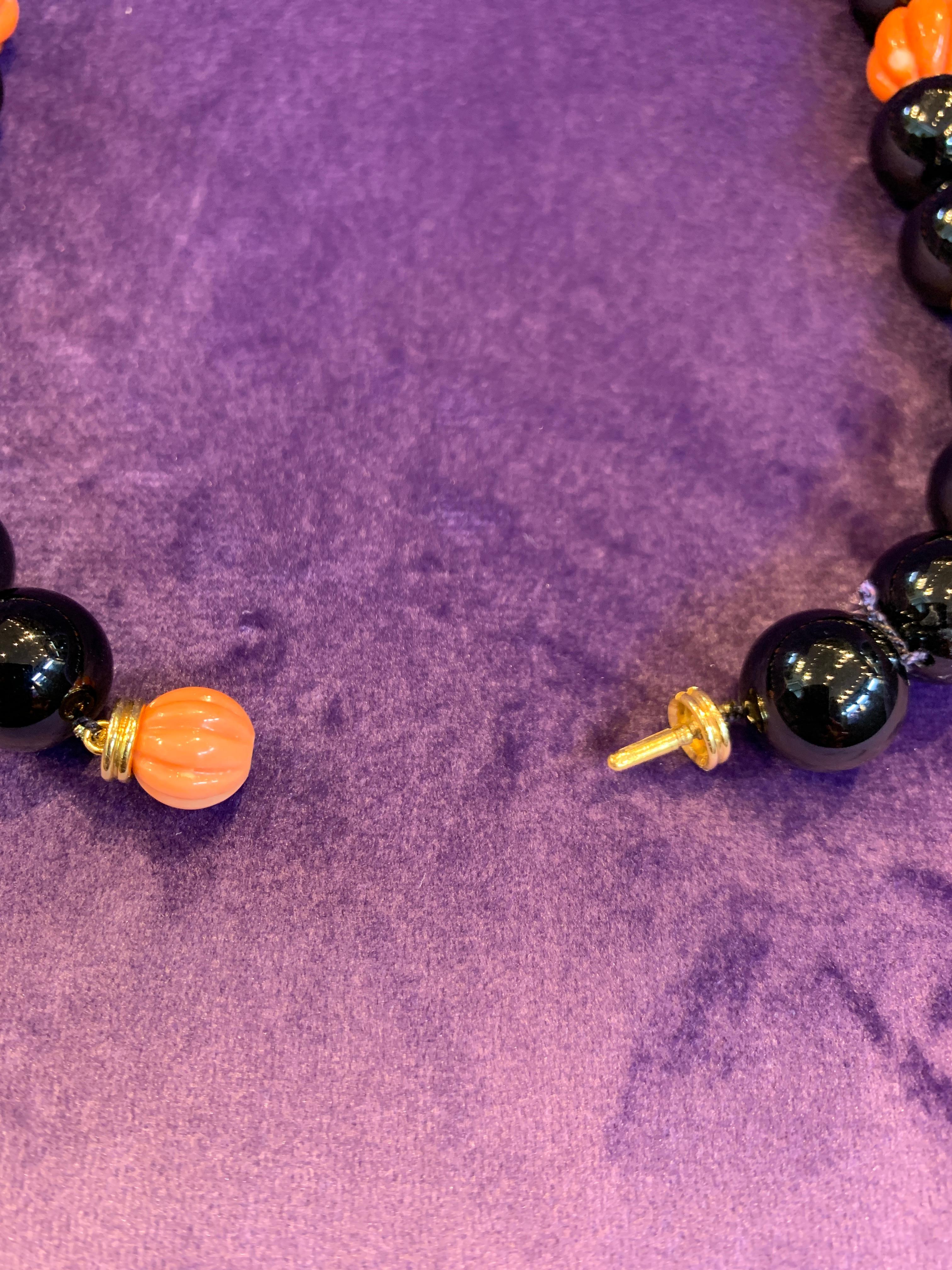 Large Onyx and Carved Coral Bead and Diamond Necklace In Excellent Condition In New York, NY