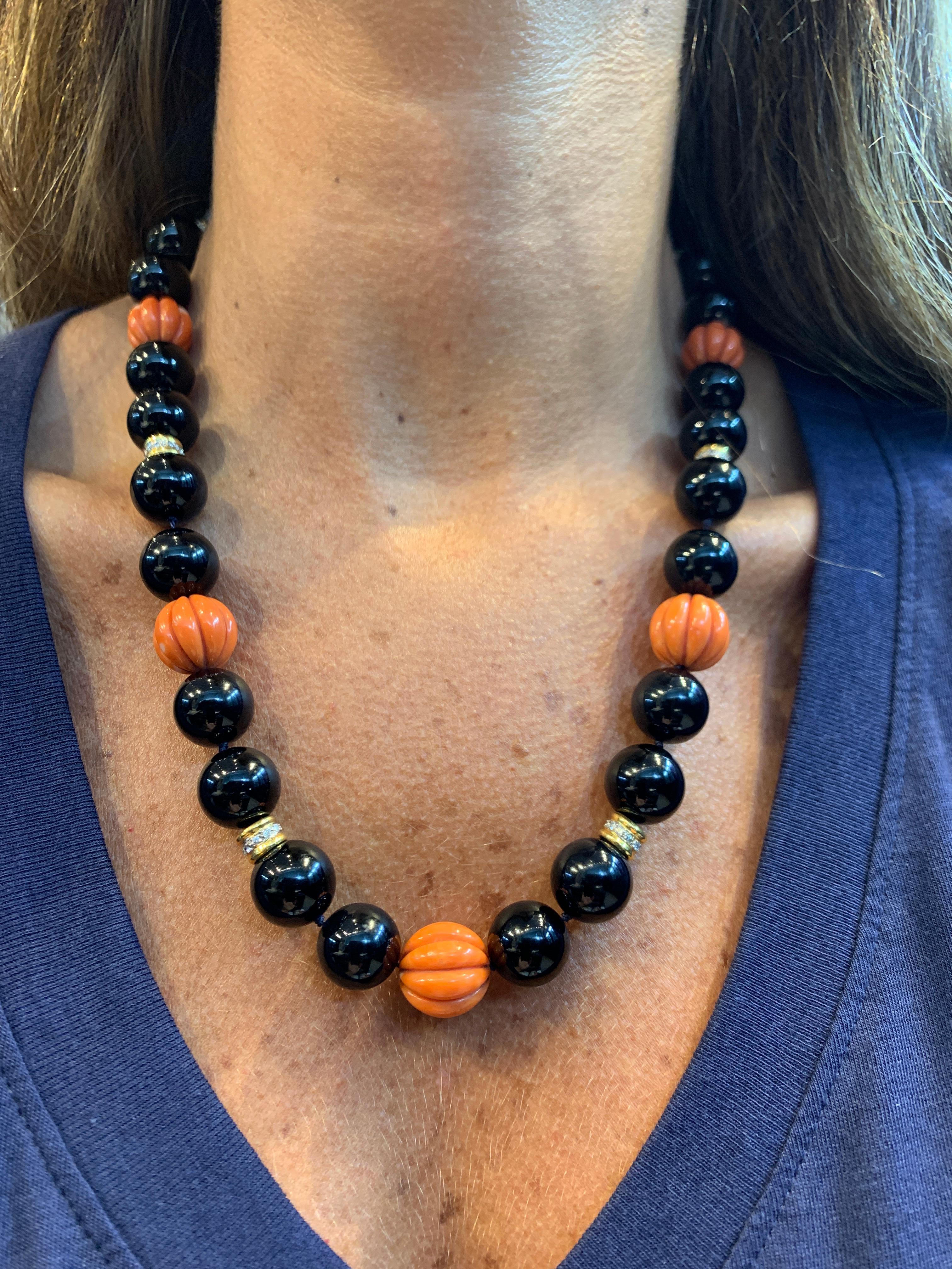 Women's or Men's Large Onyx and Carved Coral Bead and Diamond Necklace