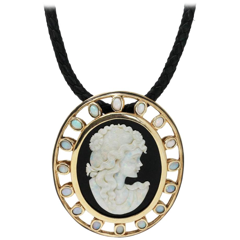 Large Onyx Opal Cameo Pendant on Leather Cord Pendant Necklace
