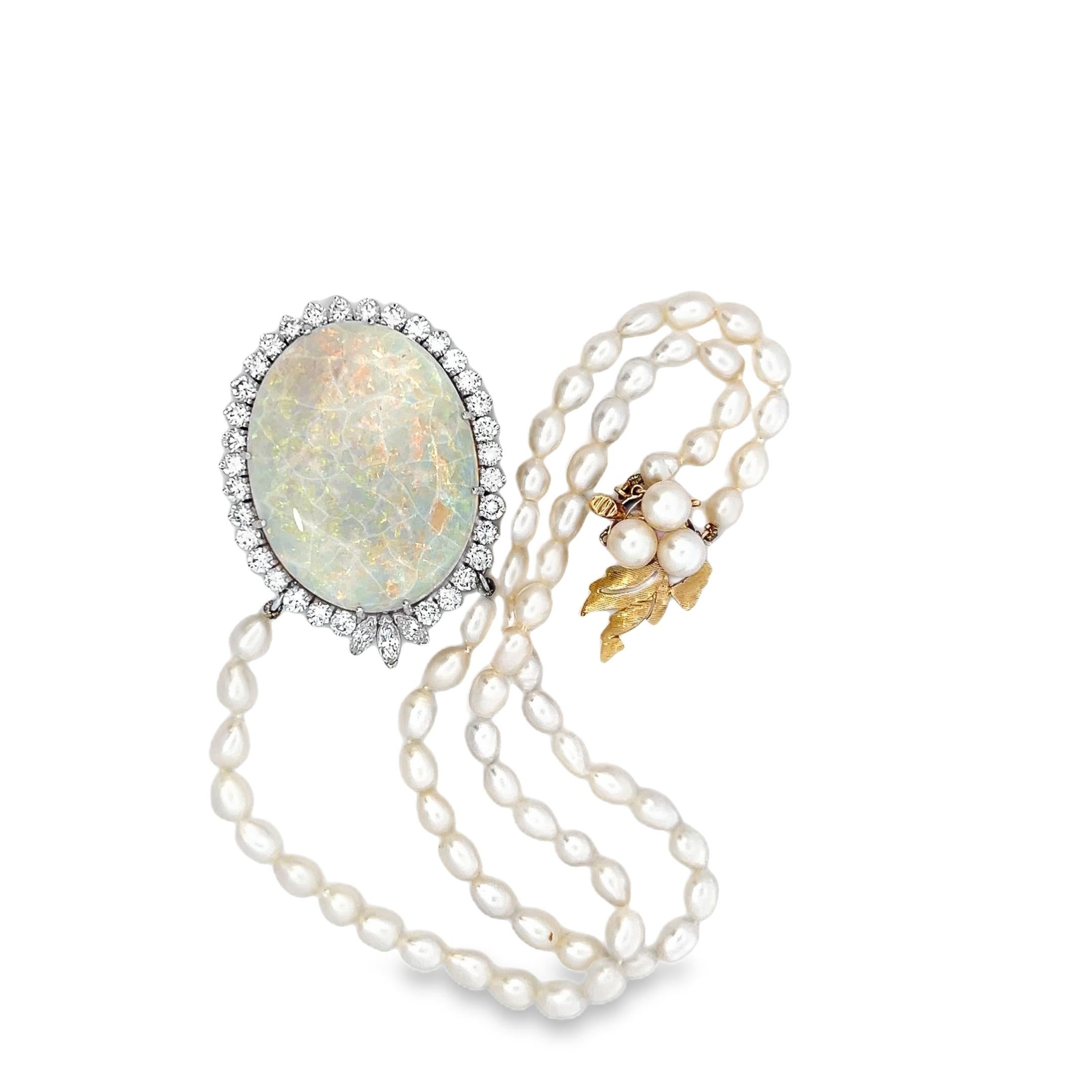 Contemporary Large Opal and Diamond Halo Pendant Necklace with Pearl Strand