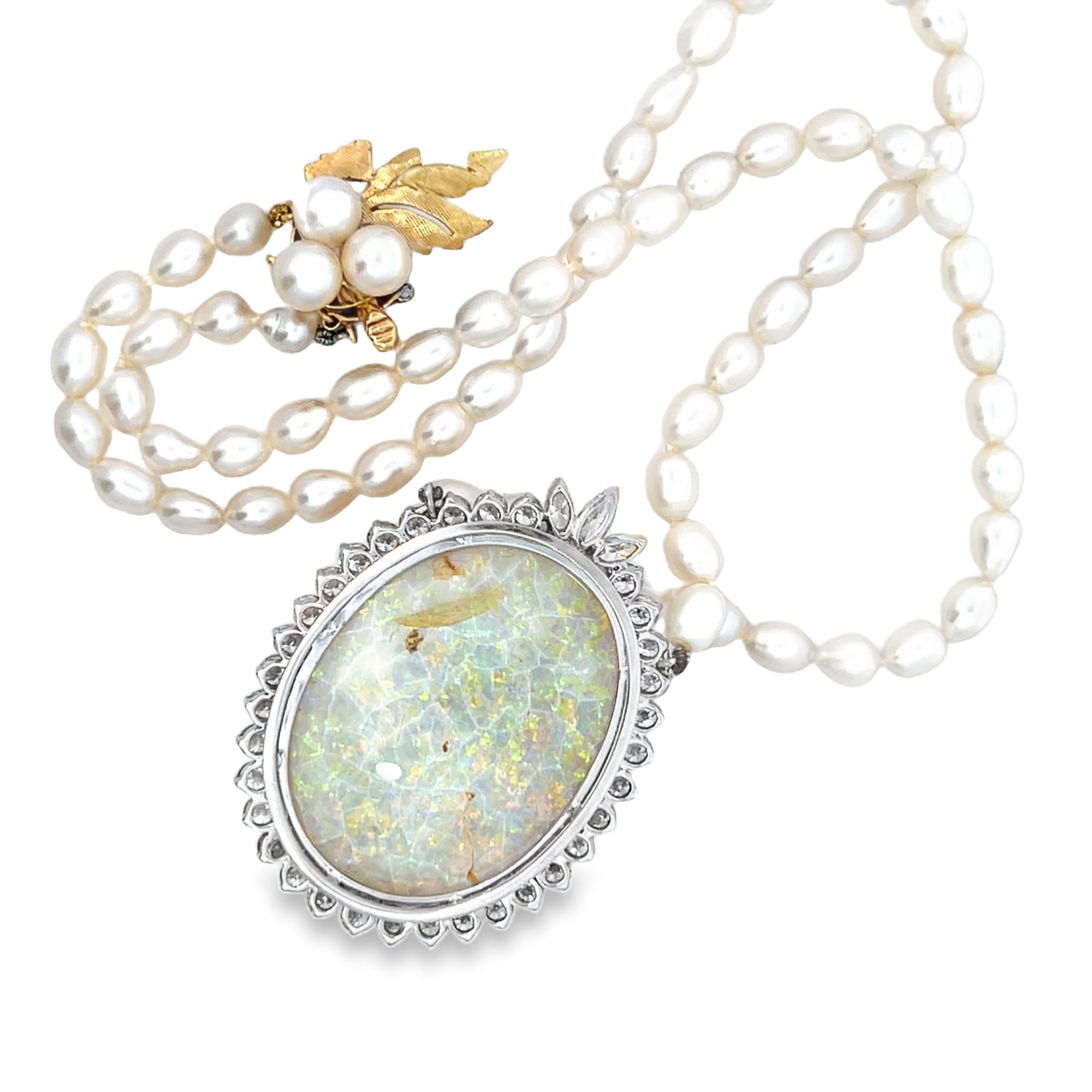Bead Large Opal and Diamond Halo Pendant Necklace with Pearl Strand