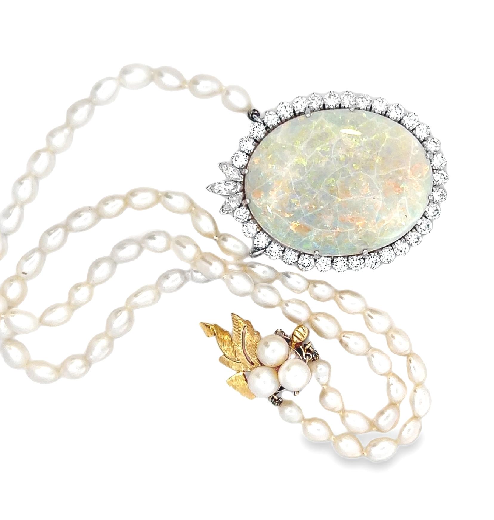Large Opal and Diamond Halo Pendant Necklace with Pearl Strand In Excellent Condition In Beverly Hills, CA