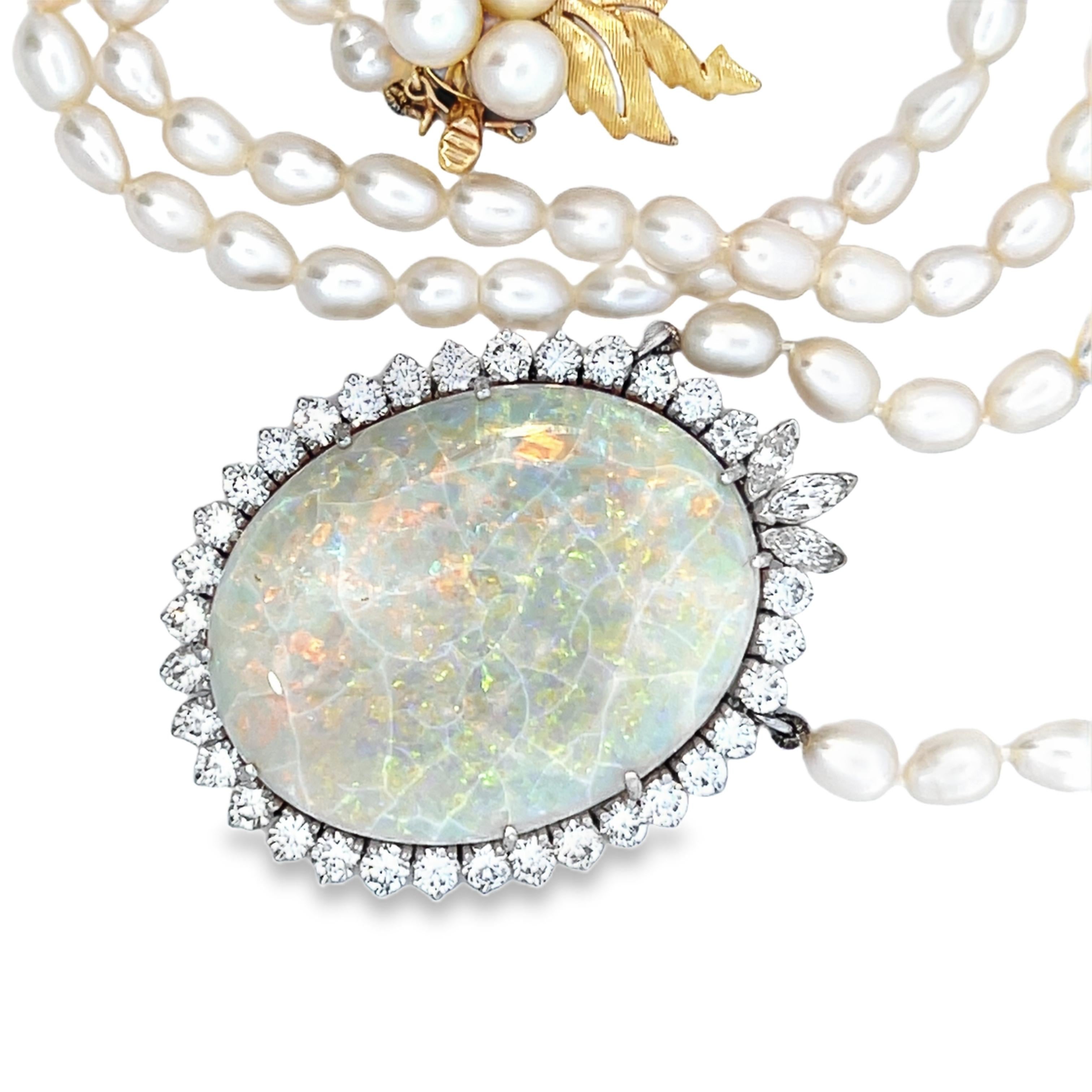 Women's or Men's Large Opal and Diamond Halo Pendant Necklace with Pearl Strand