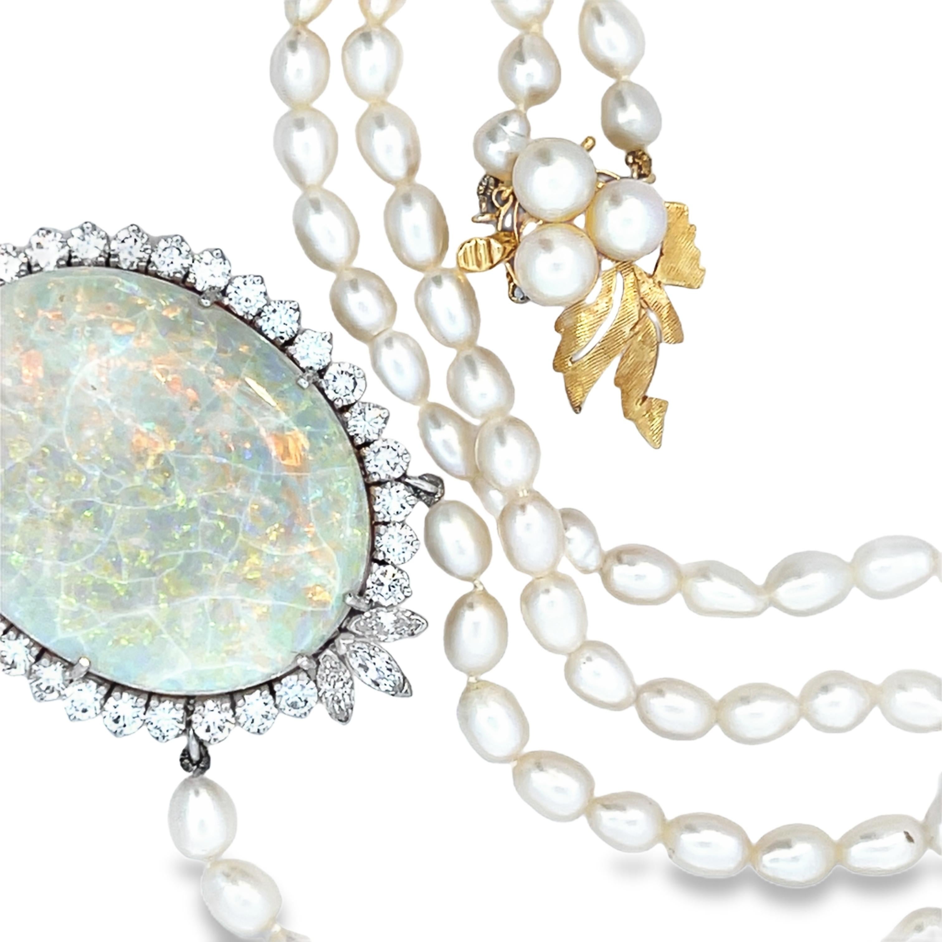 Large Opal and Diamond Halo Pendant Necklace with Pearl Strand 1