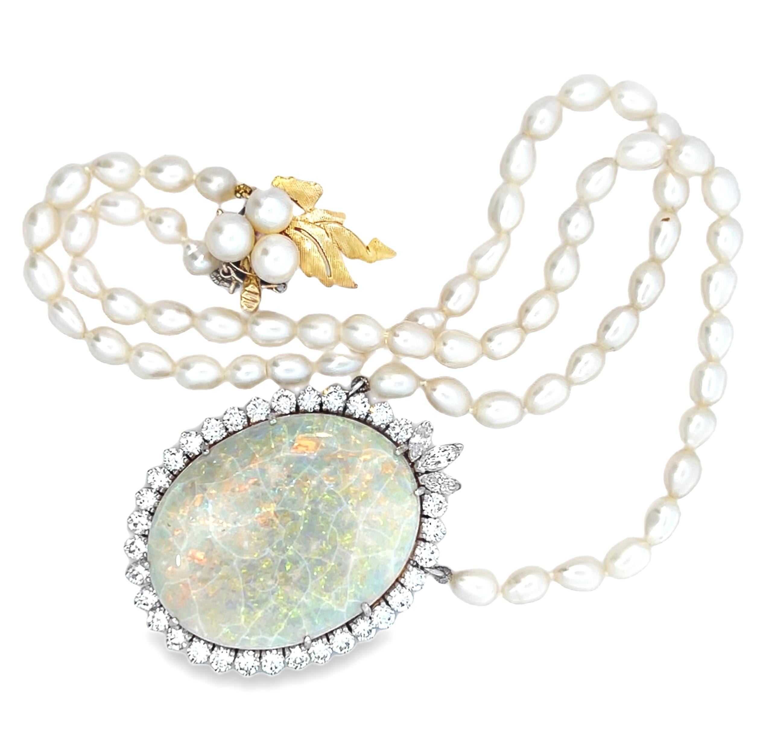 Large Opal and Diamond Halo Pendant Necklace with Pearl Strand 2