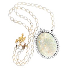 Large Opal and Diamond Halo Pendant Necklace with Pearl Strand