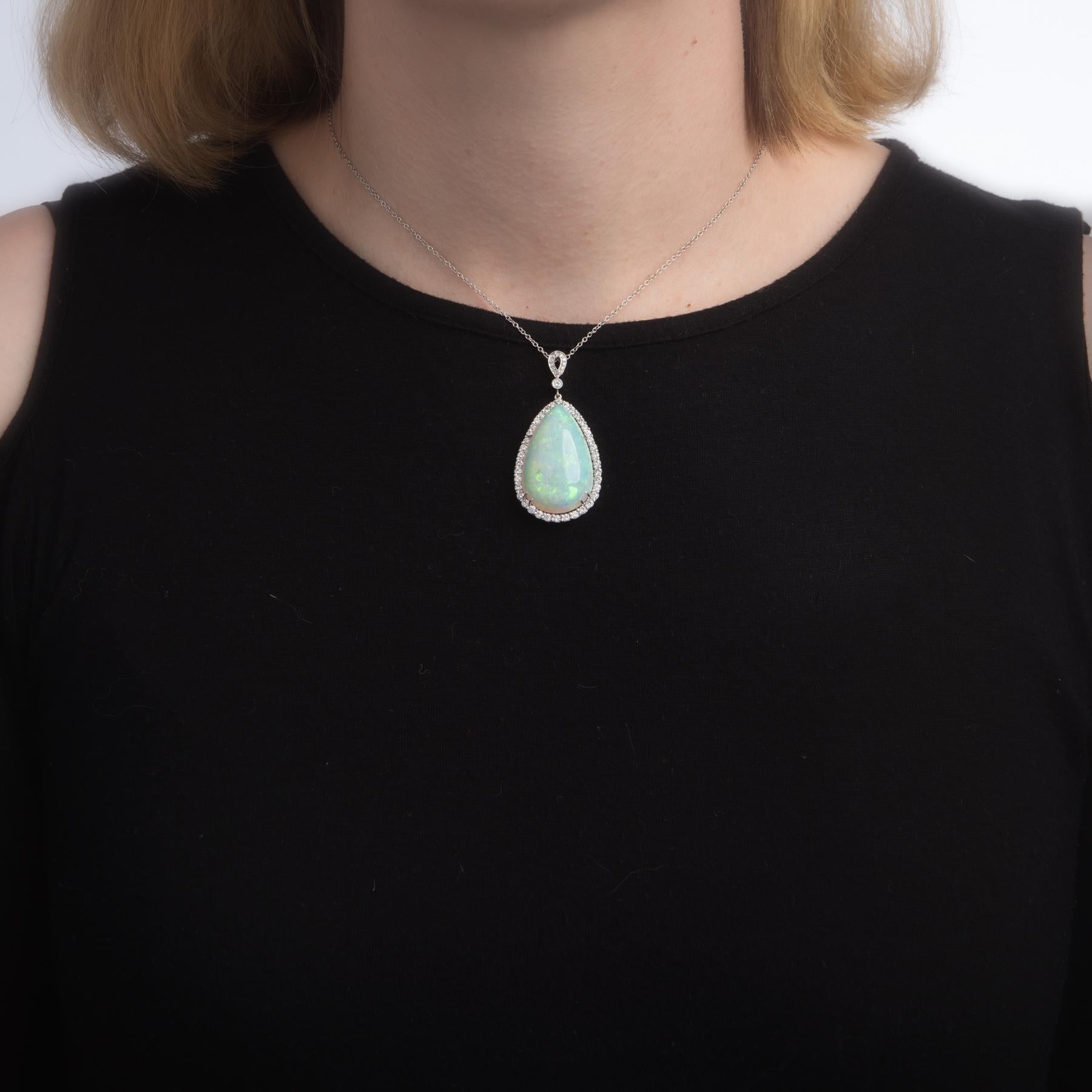 Modern Large Opal Diamond Pendant Necklace 