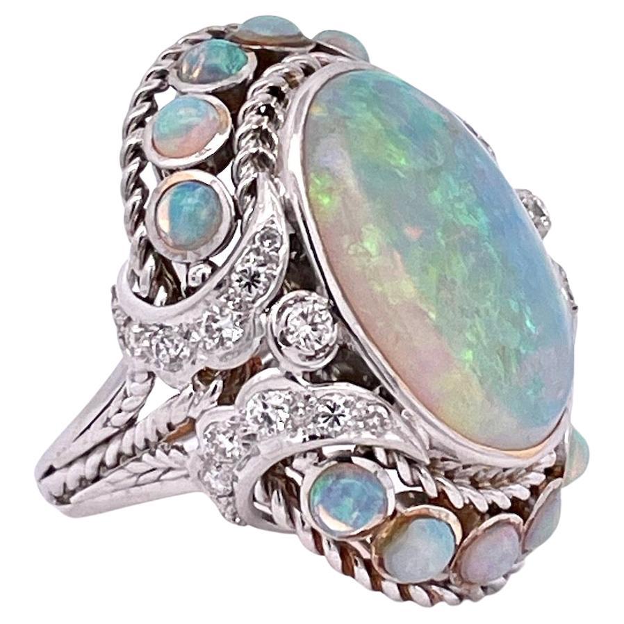 Large Opal Diamond Ring 18K 6.75 For Sale