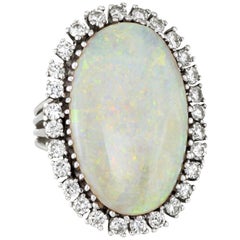 Opal Diamond Ring Vintage 14 Karat Gold Big Oval Cocktail Estate Fine Jewelry
