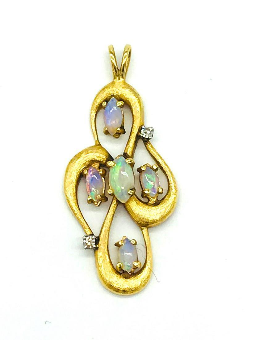 Marquise Cut Colorful Opal Freeform Diamond Pendant, 14 Karat Yellow Gold