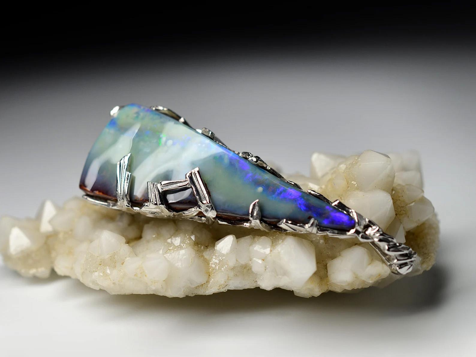 Artisan Large Opal Necklace silver Blue Genuine Australian Gemstome LOTR Style Pendant For Sale