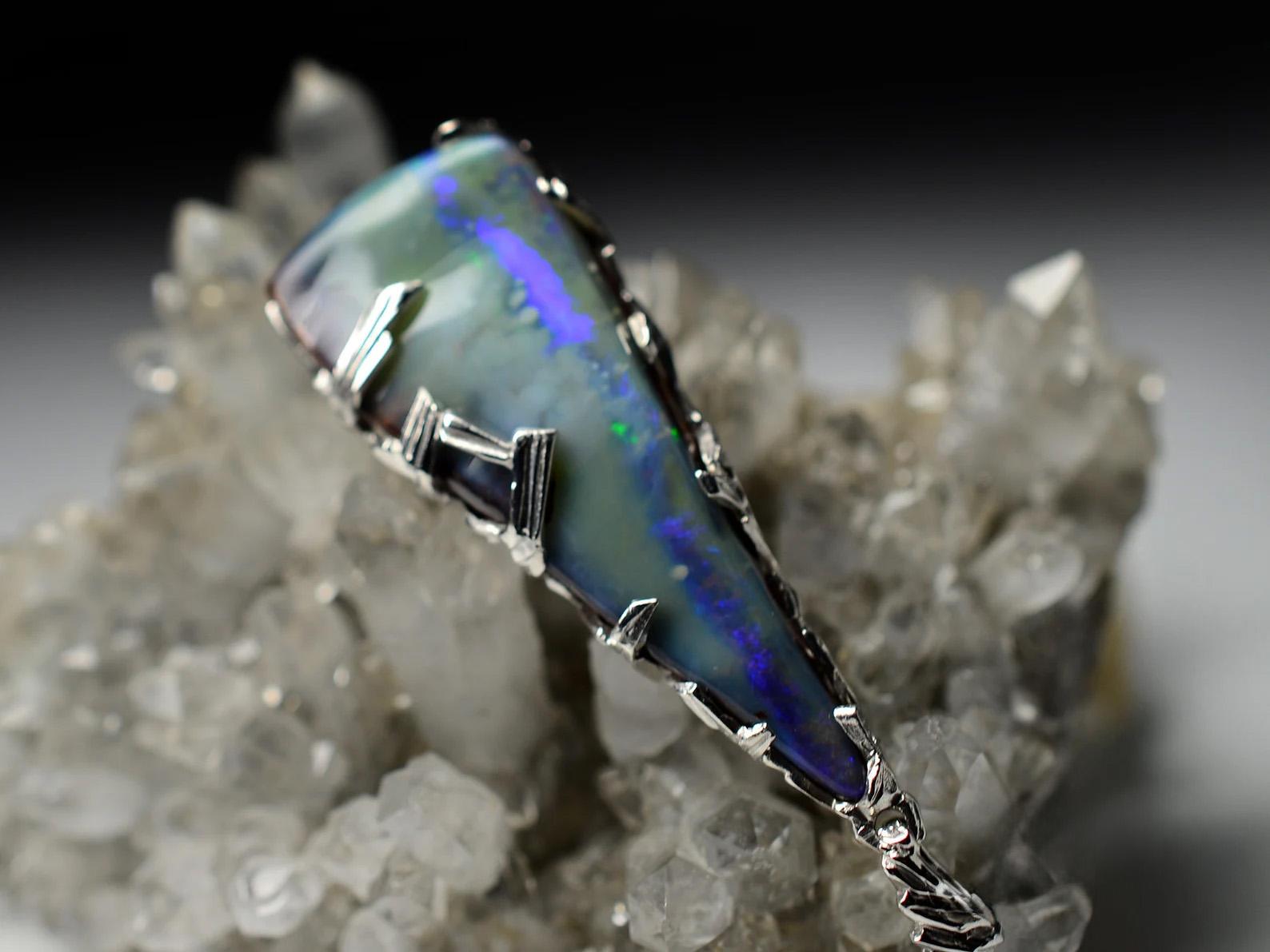 Trillion Cut Large Opal Necklace silver Blue Genuine Australian Gemstome LOTR Style Pendant For Sale