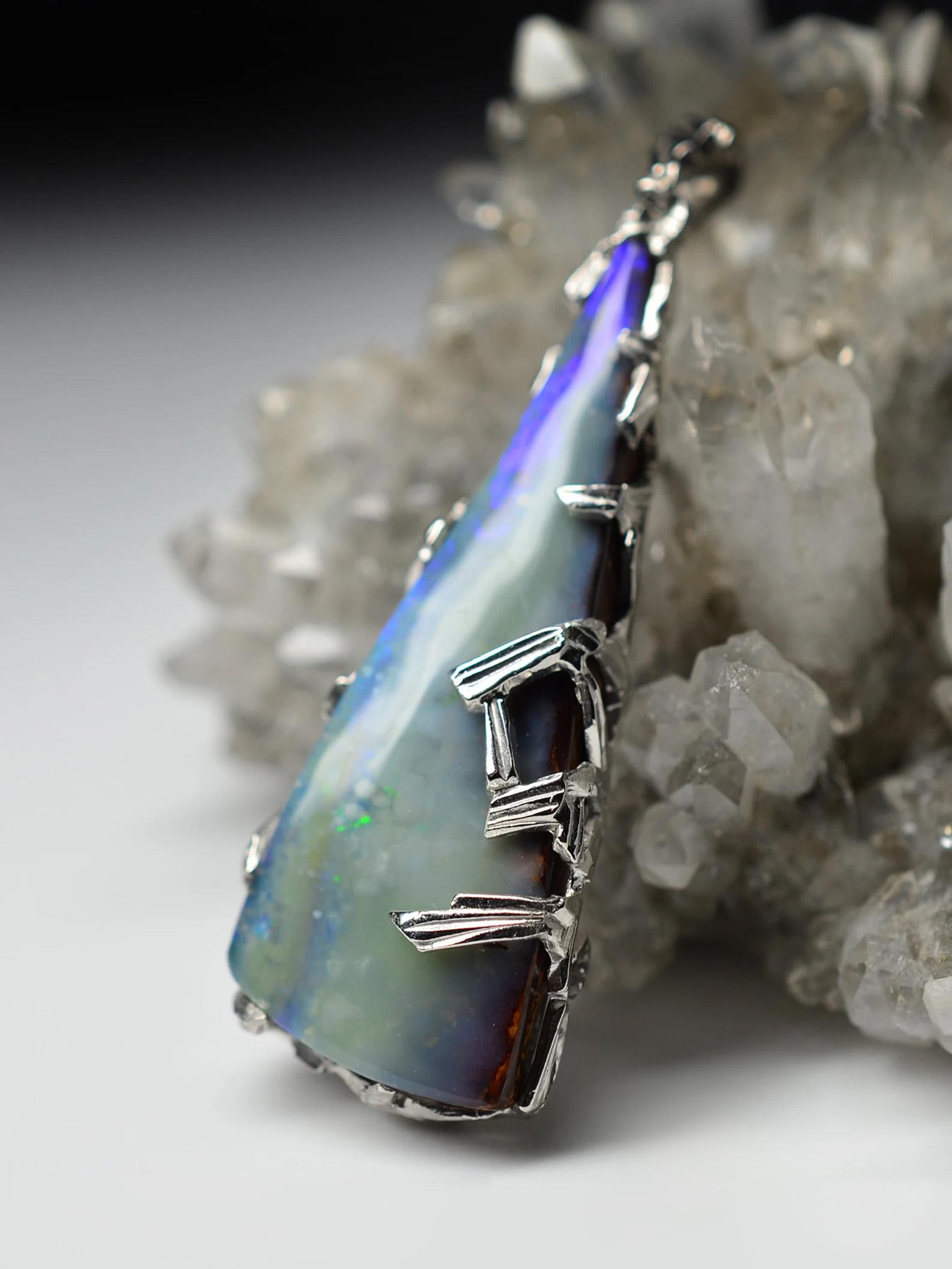 Women's or Men's Large Opal Necklace silver Blue Genuine Australian Gemstome LOTR Style Pendant For Sale