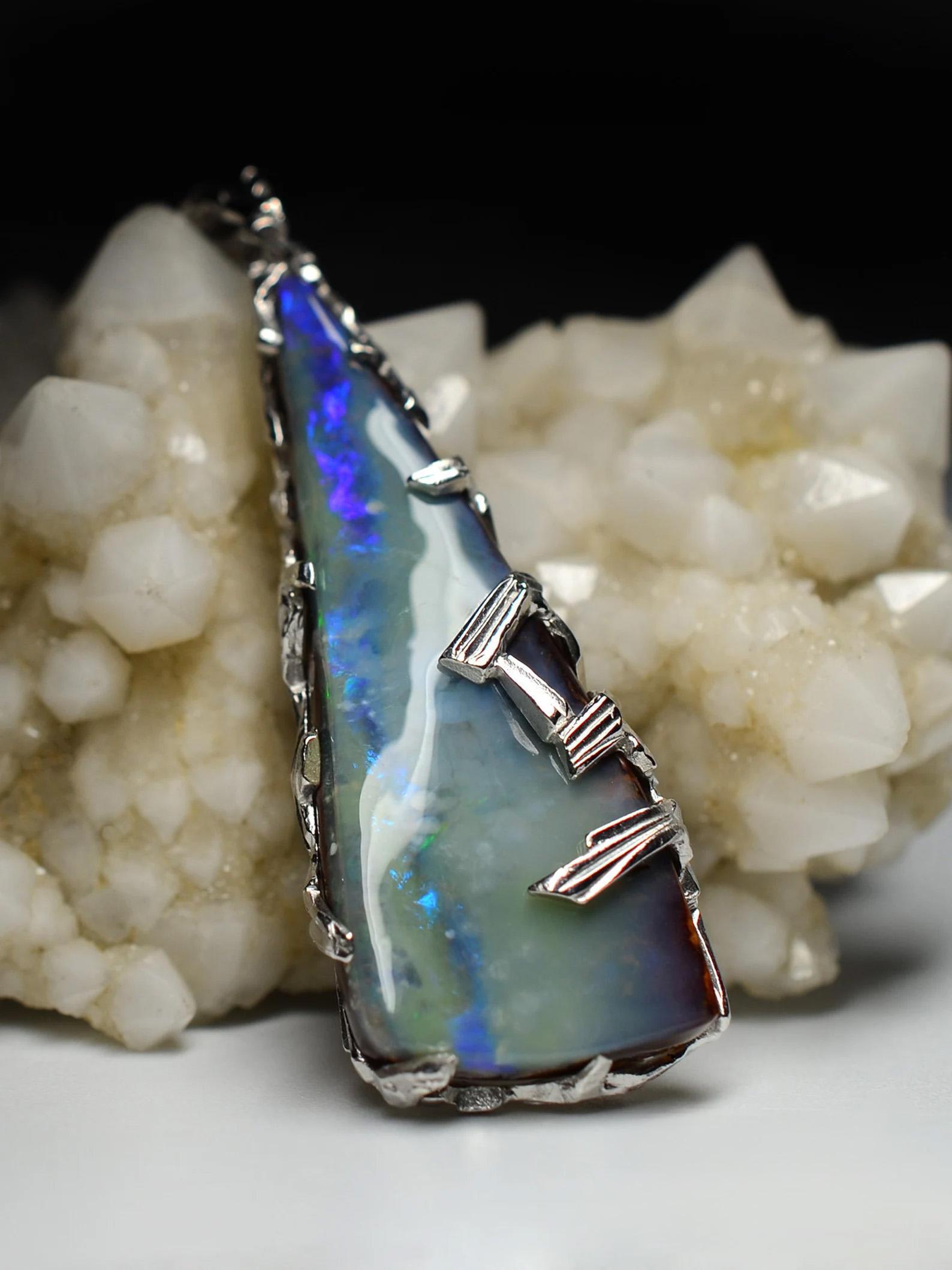 Large Opal Necklace silver Blue Genuine Australian Gemstome LOTR Style Pendant For Sale 1