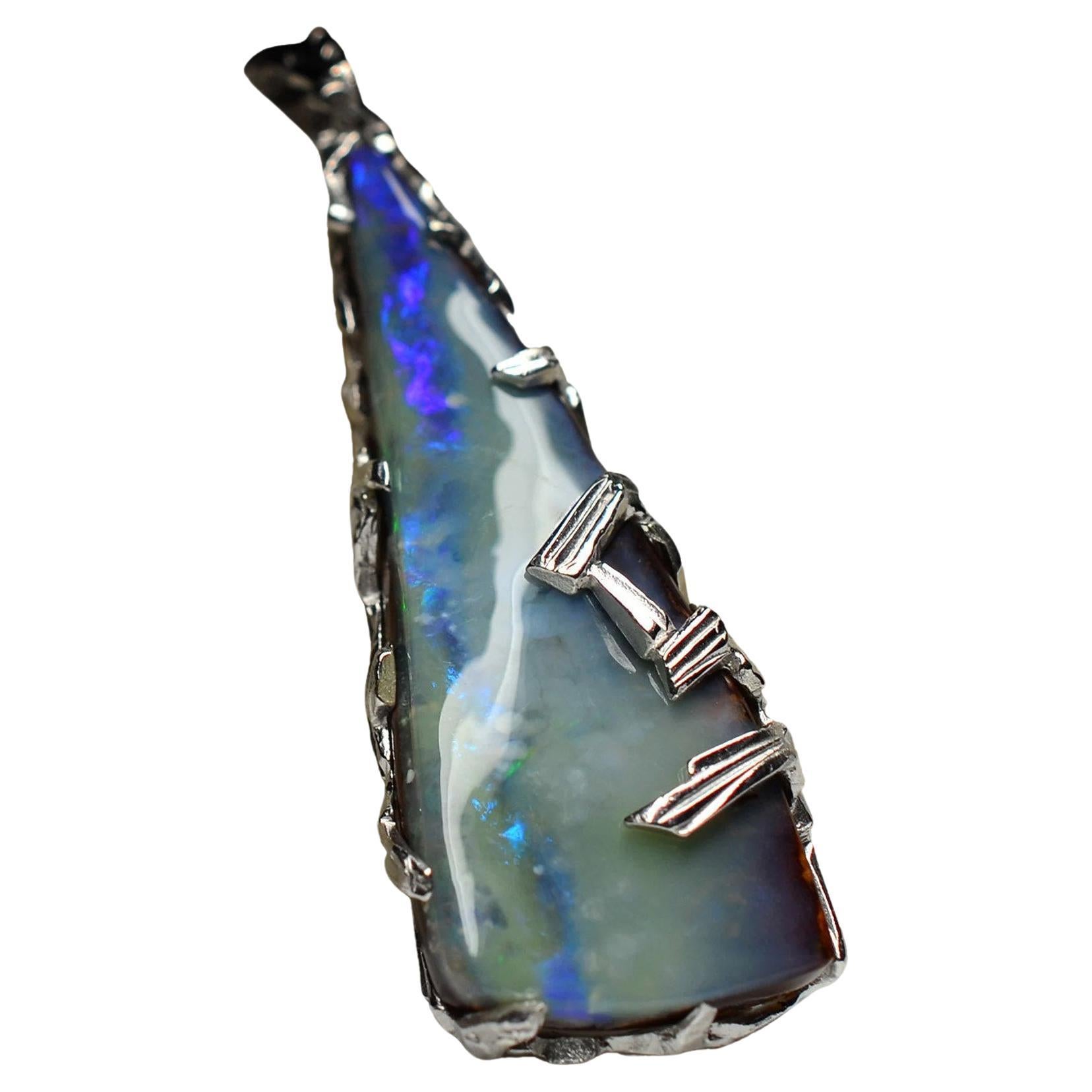 Large Opal Necklace silver Blue Genuine Australian Gemstome LOTR Style Pendant For Sale
