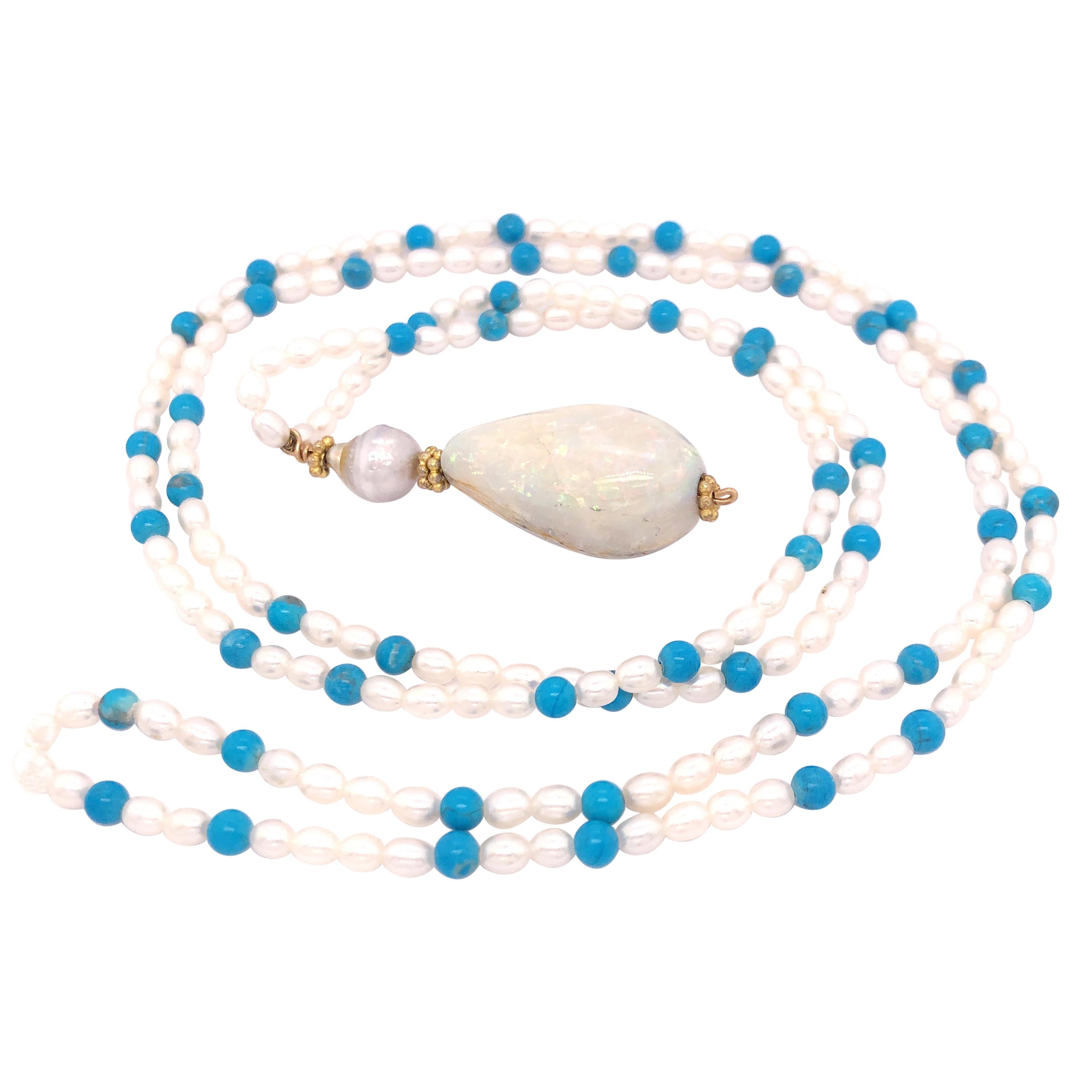 Large Opal Pearl and Turquoise Necklace