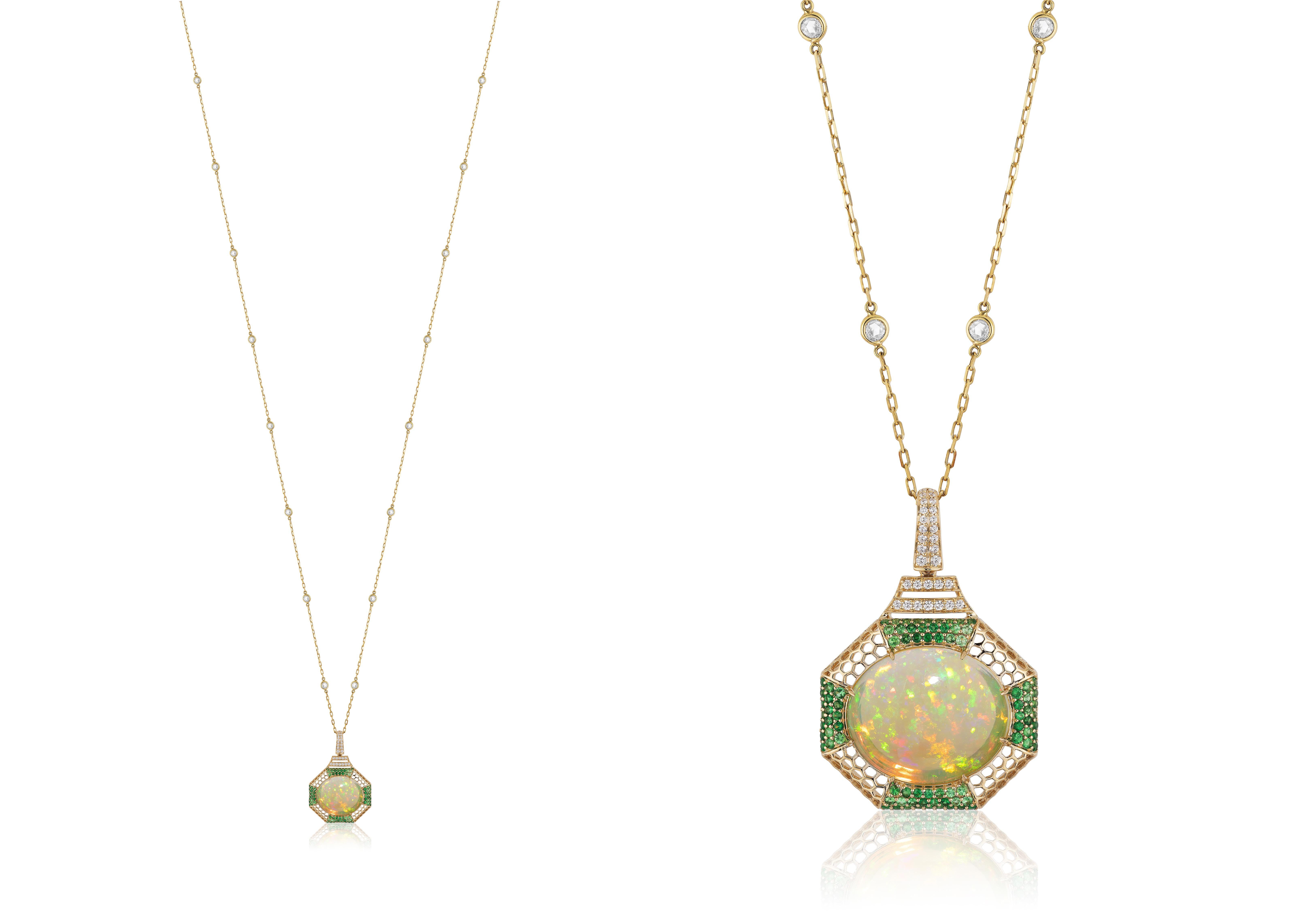 Large Opal Pendant With Diamond & Tsavorites In 18K Yellow Gold, from 'G-One' Collection

Stone Size: 23 x 19 mm

Gemstone Weight: 17.03 Carats

Diamond: G-H / VS, Approx Wt: 0.3 Carats

*Chain Sold Separately
