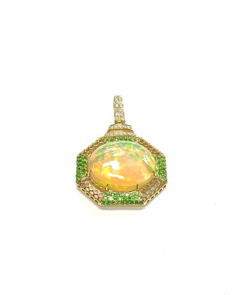 Contemporary Goshwara Opal Cabochon With Tsavorites And Diamond Pendant For Sale