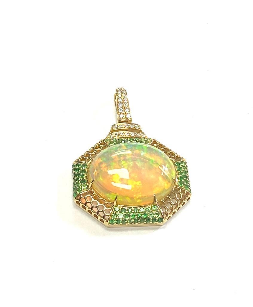 Round Cut Goshwara Opal Cabochon With Tsavorites And Diamond Pendant For Sale