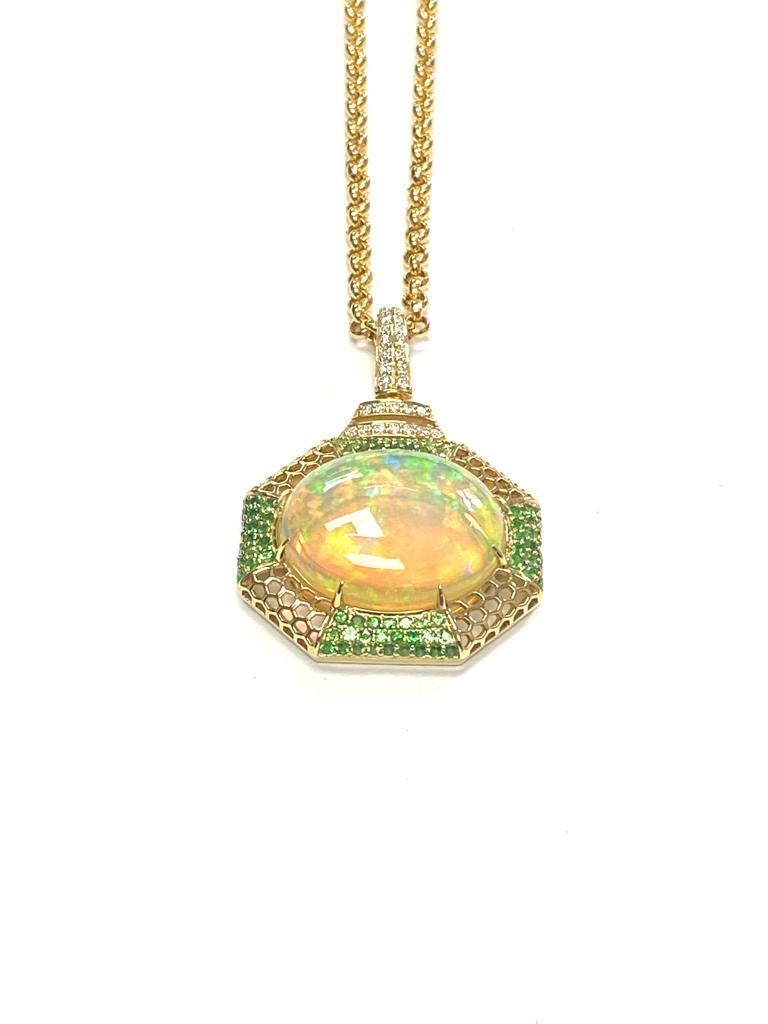 Goshwara Opal Cabochon With Tsavorites And Diamond Pendant In New Condition For Sale In New York, NY
