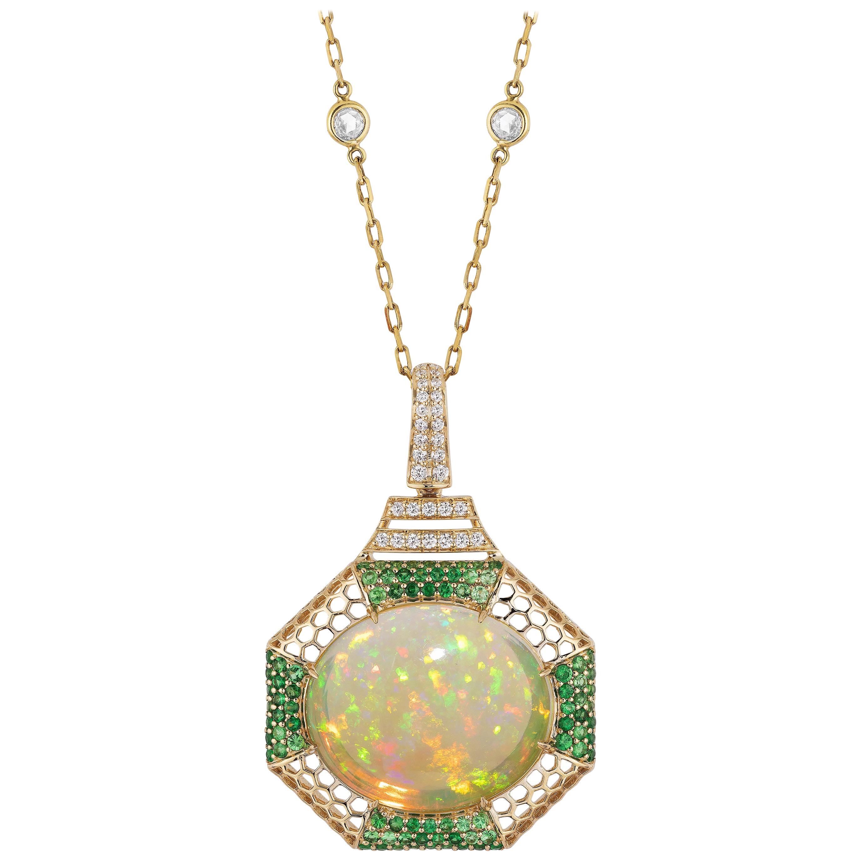 Goshwara Opal Cabochon With Tsavorites And Diamond Pendant For Sale