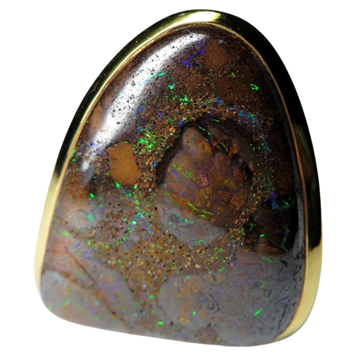 Large Opal Ring 18K Gold silver Chunky Rainbow Cabochon Gemstone unisex