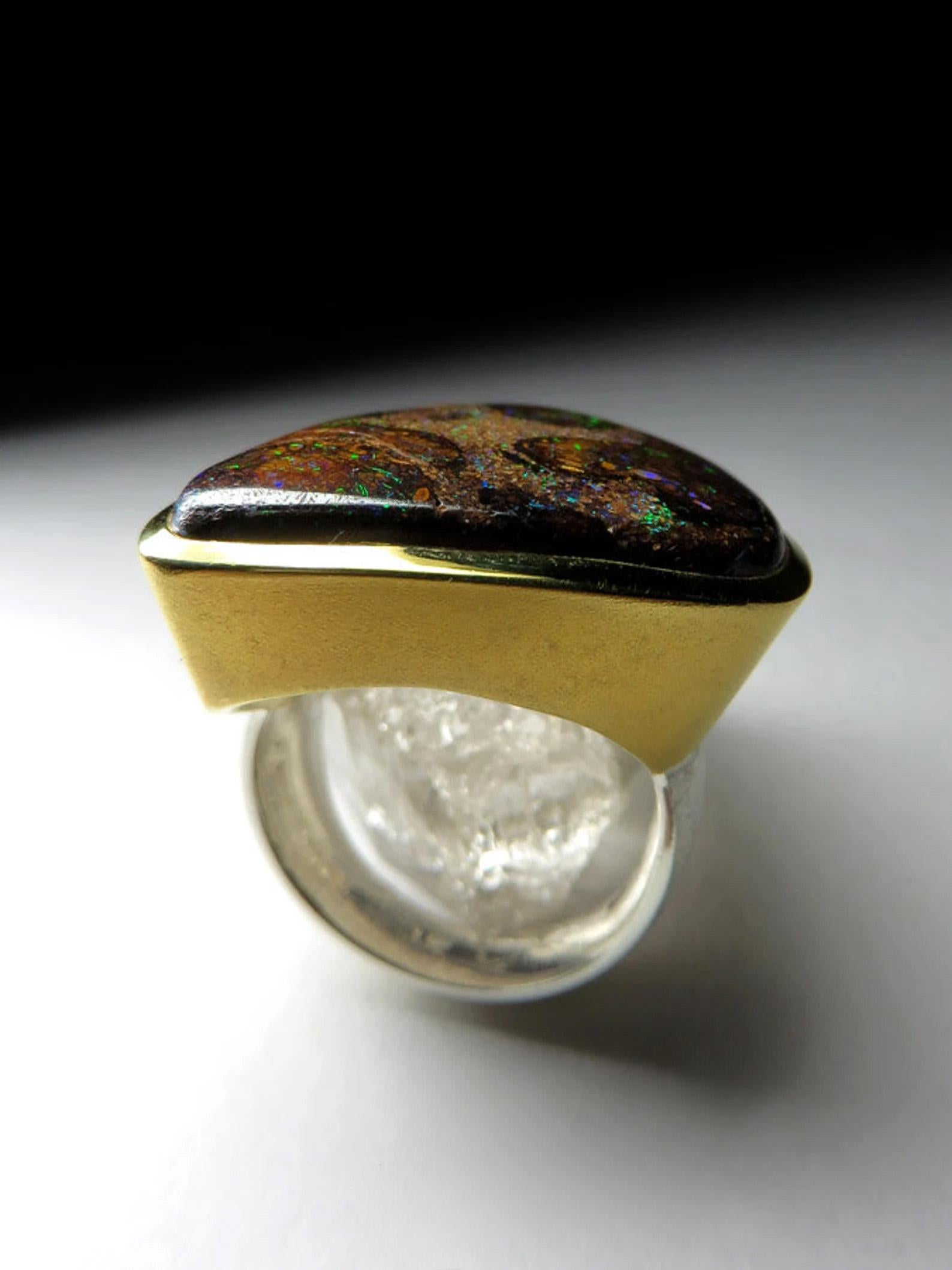 Large Opal Ring 18K Gold silver Chunky Rainbow Cabochon Gift unisex For Sale 1