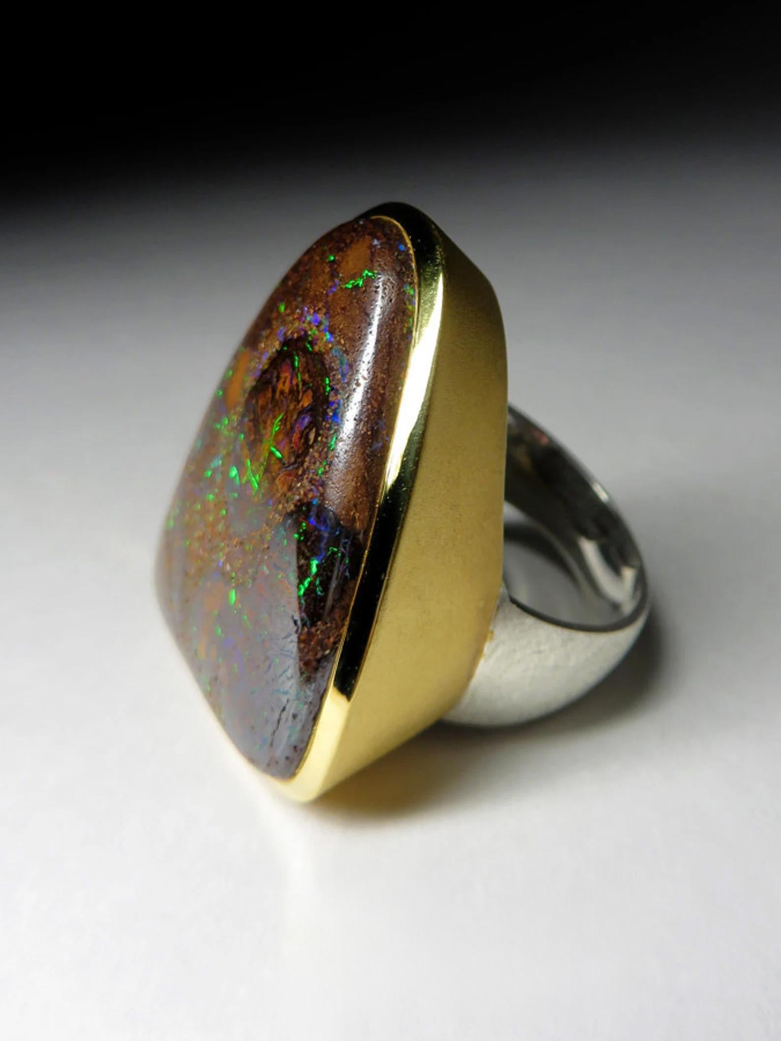 Large Opal Ring 18K Gold silver Chunky Rainbow Cabochon Gift unisex For Sale 2