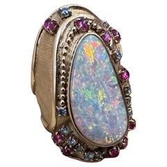 Large Opal, Ruby and Diamond Ring in 18k Yellow Gold