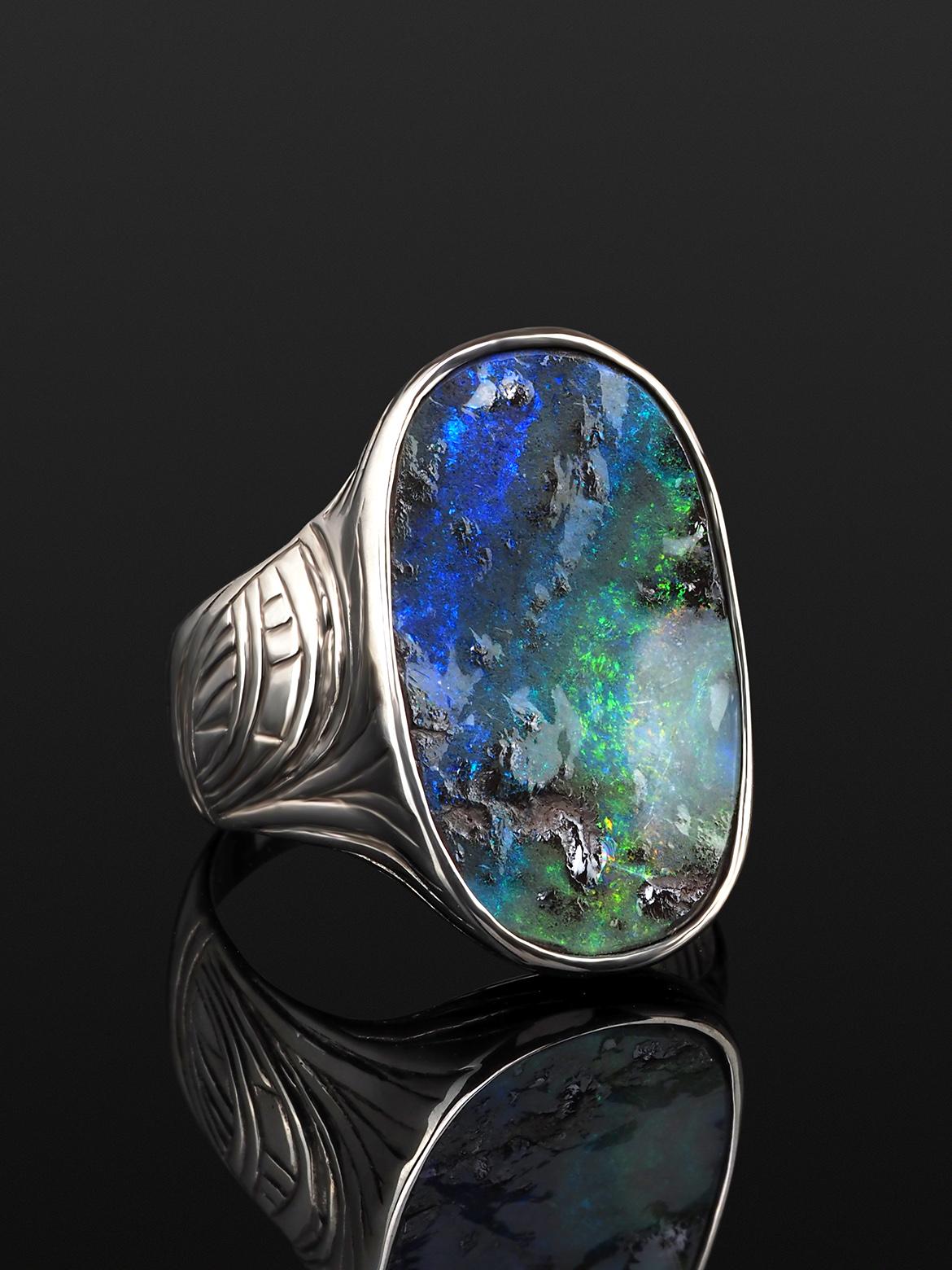 Large Opal Silver Ring Multicolor Magic Forest Natural Australian In New Condition For Sale In Berlin, DE