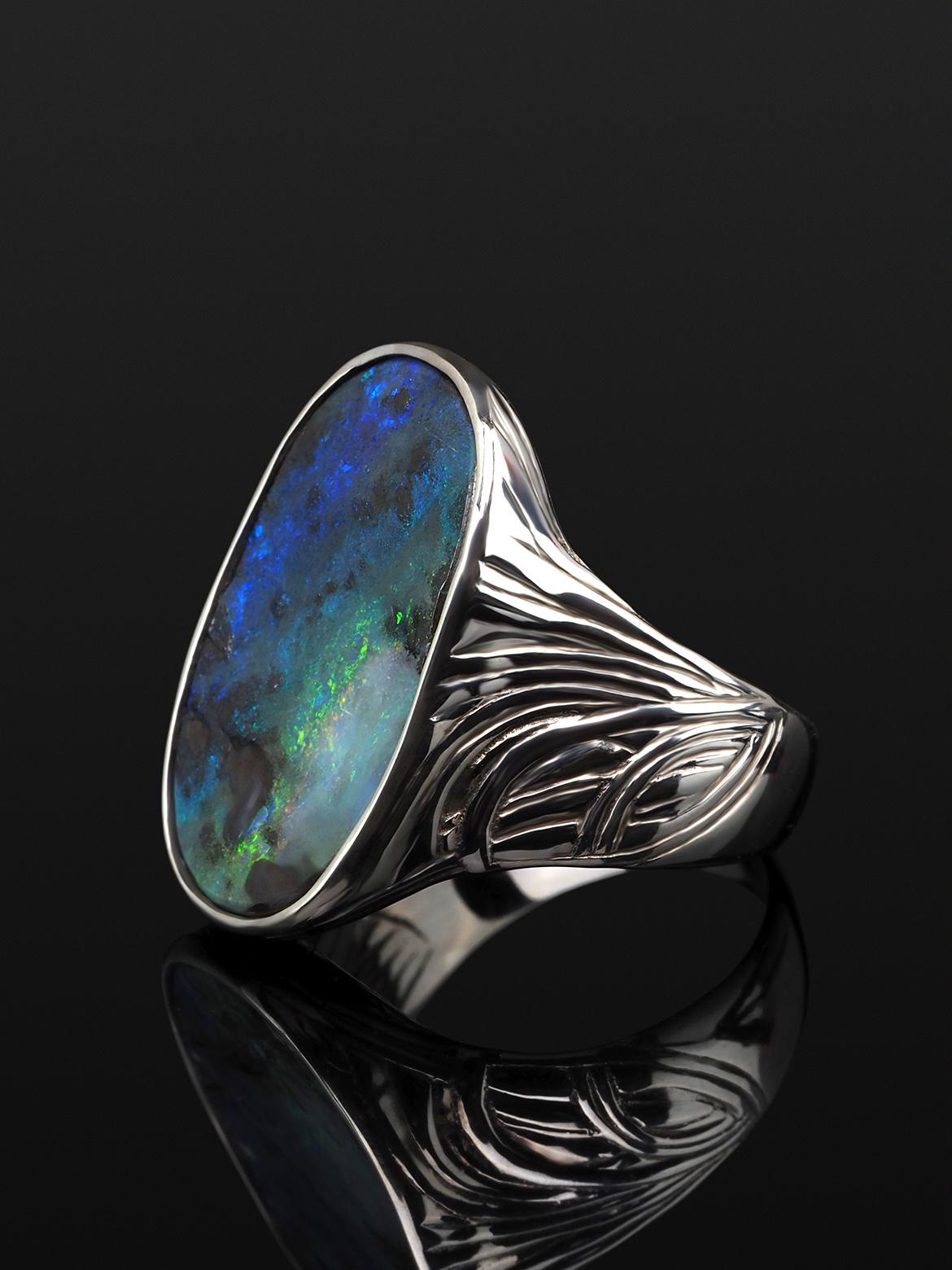 Women's or Men's Large Opal Silver Ring Multicolor Magic Forest Natural Australian For Sale