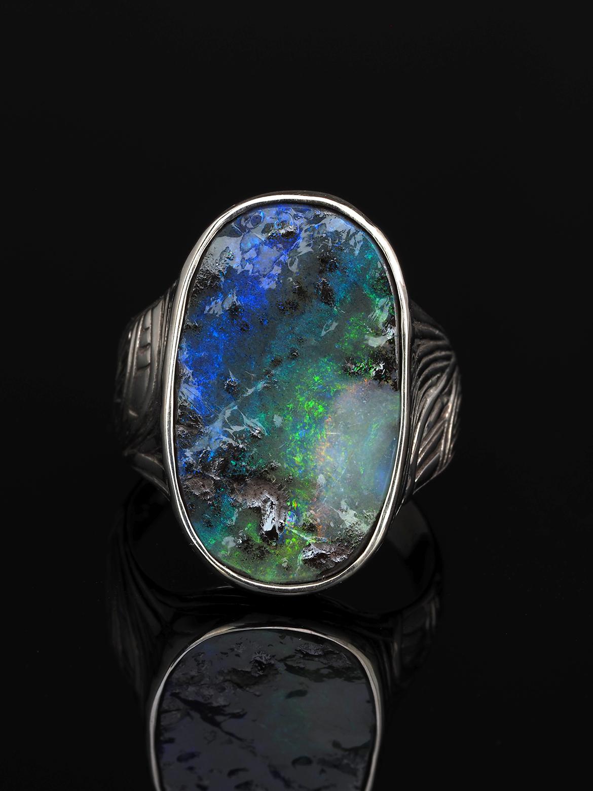 Big silver ring with natural Boulder Opal
opal origin - Australia 
opal measurements - 0.12 x 0.55 x 0.94 in / 3 х 14 х 24 mm
stone weight - 9.85 carats
ring size - 9 US
ring weight - 9.14 grams


We ship our jewelry worldwide – for our customers it