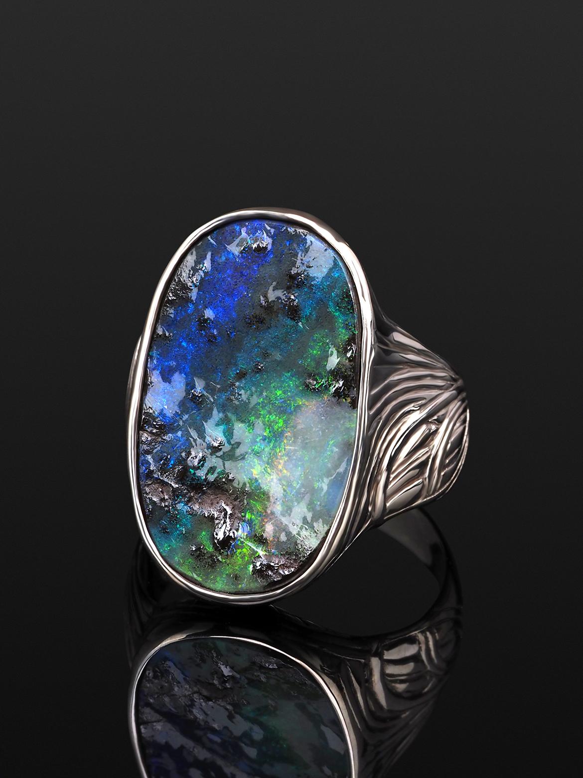 Artisan Large Opal Silver Ring Multicolor Magic Forest Natural Australian For Sale