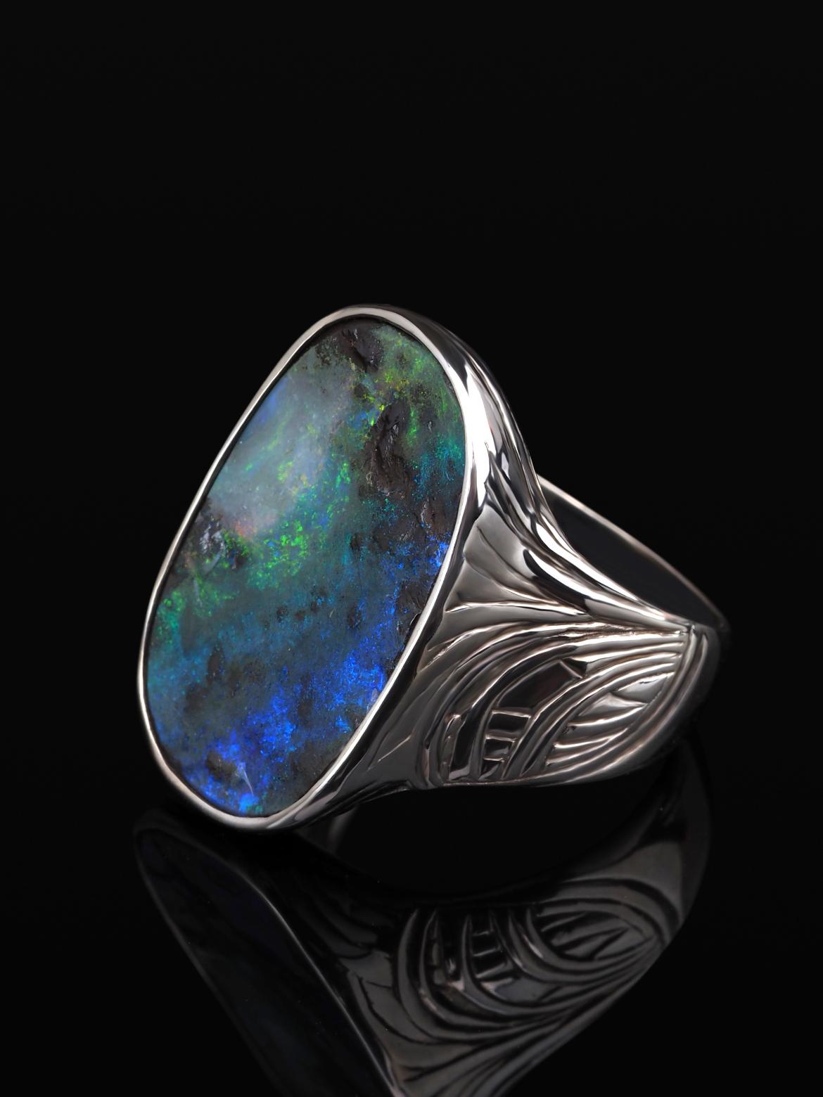 Cabochon Large Opal Silver Ring Multicolor Magic Forest Natural Australian For Sale