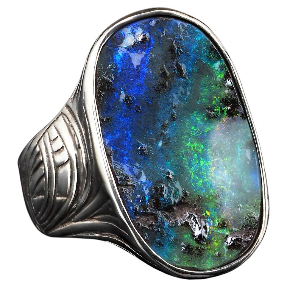 Large Opal Silver Ring Multicolor Magic Forest Natural Australian For Sale