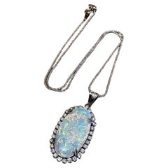 Large Opal with Diamond Halo Pendant in Platinum on Chain